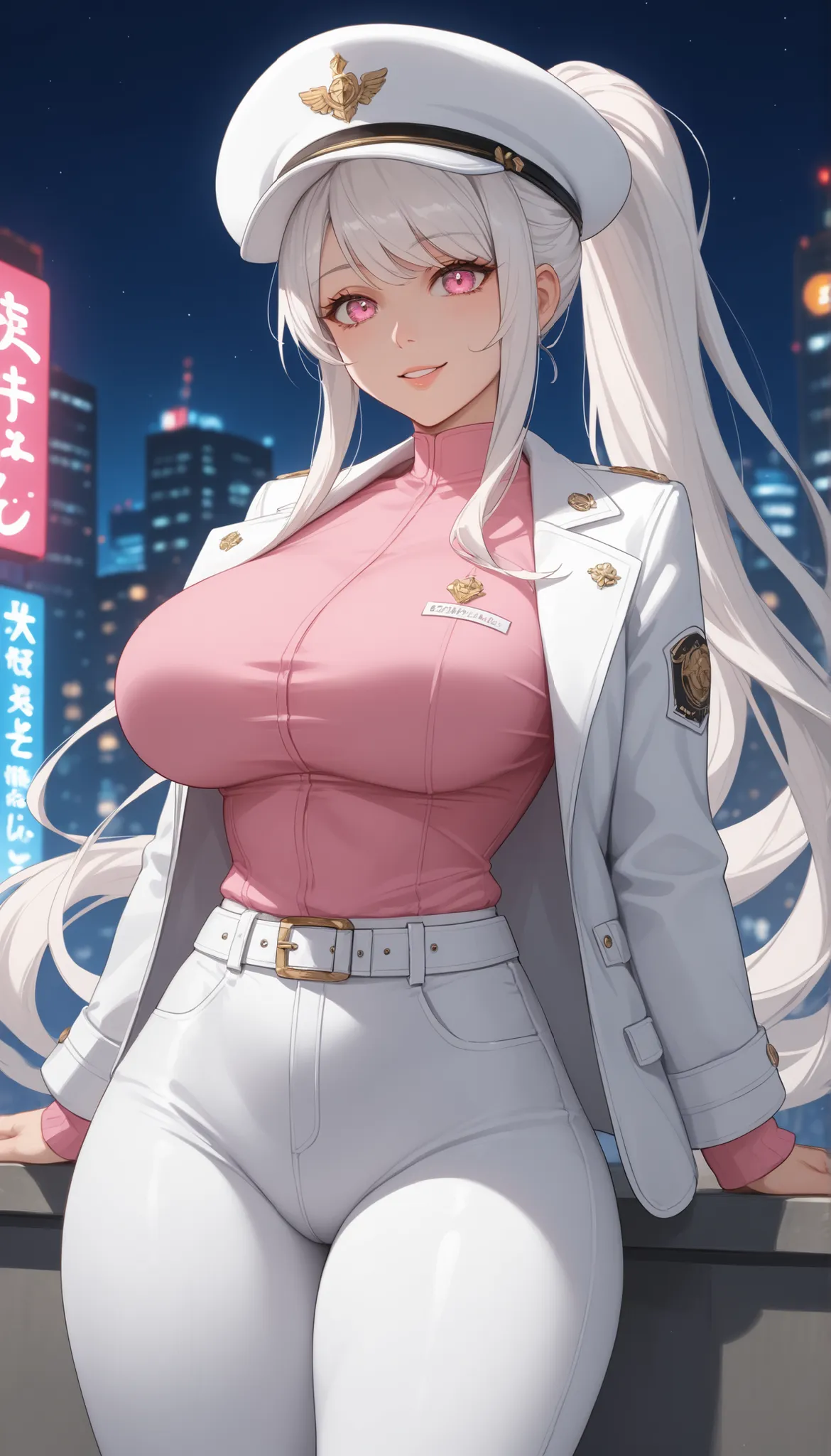 score_9, score_8, score_7, score_6, source _ anime, 1 Mature_, female, Angel Thrass, alone , Cheerful Mirafa, white hair, Long Ponytail Hair, pink eye, white hat, Tight Pink Shirt, White Jacket, white belt, white pants, Toned Thighs, The ...