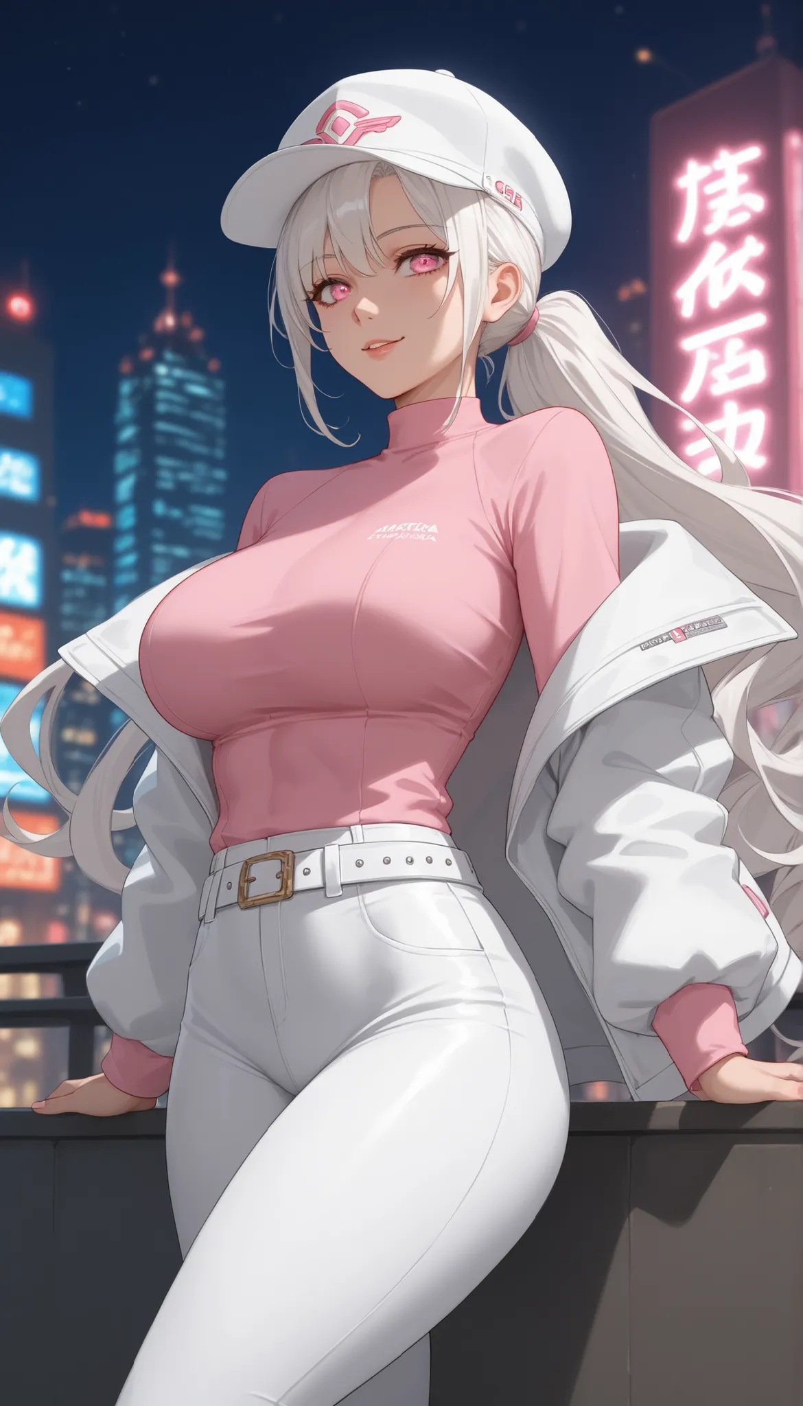 score_9, score_8, score_7, score_6, source _ anime, 1 Mature_, female, Angel Thrass, alone , Cheerful Mirafa, white hair, Long Ponytail Hair, pink eye, white hat, Tight Pink Shirt, White Jacket, white belt, white pants, Toned Thighs, The ...