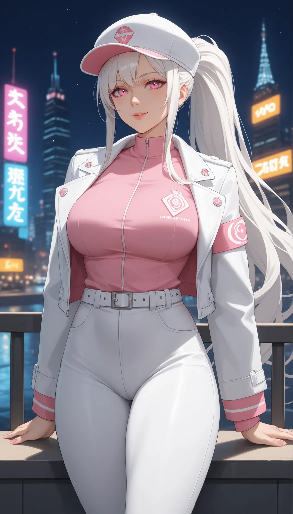 score_9, score_8, score_7, score_6, source _ anime, 1 Mature_, female, Angel Thrass, alone , Cheerful Mirafa, white hair, Long Ponytail Hair, pink eye, white hat, Tight Pink Shirt, White Jacket, white belt, white pants, Toned Thighs, The ...