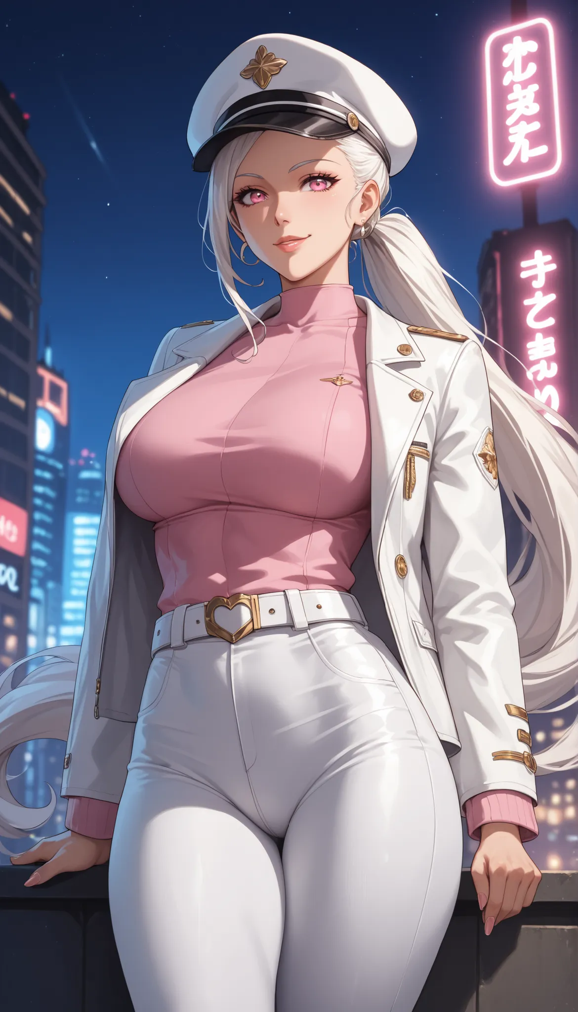score_9, score_8, score_7, score_6, source _ anime, 1 Mature_, female, Angel Thrass, alone , Cheerful Mirafa, white hair, Long Ponytail Hair, pink eye, white hat, Tight Pink Shirt, White Jacket, white belt, white pants, Toned Thighs, The ...