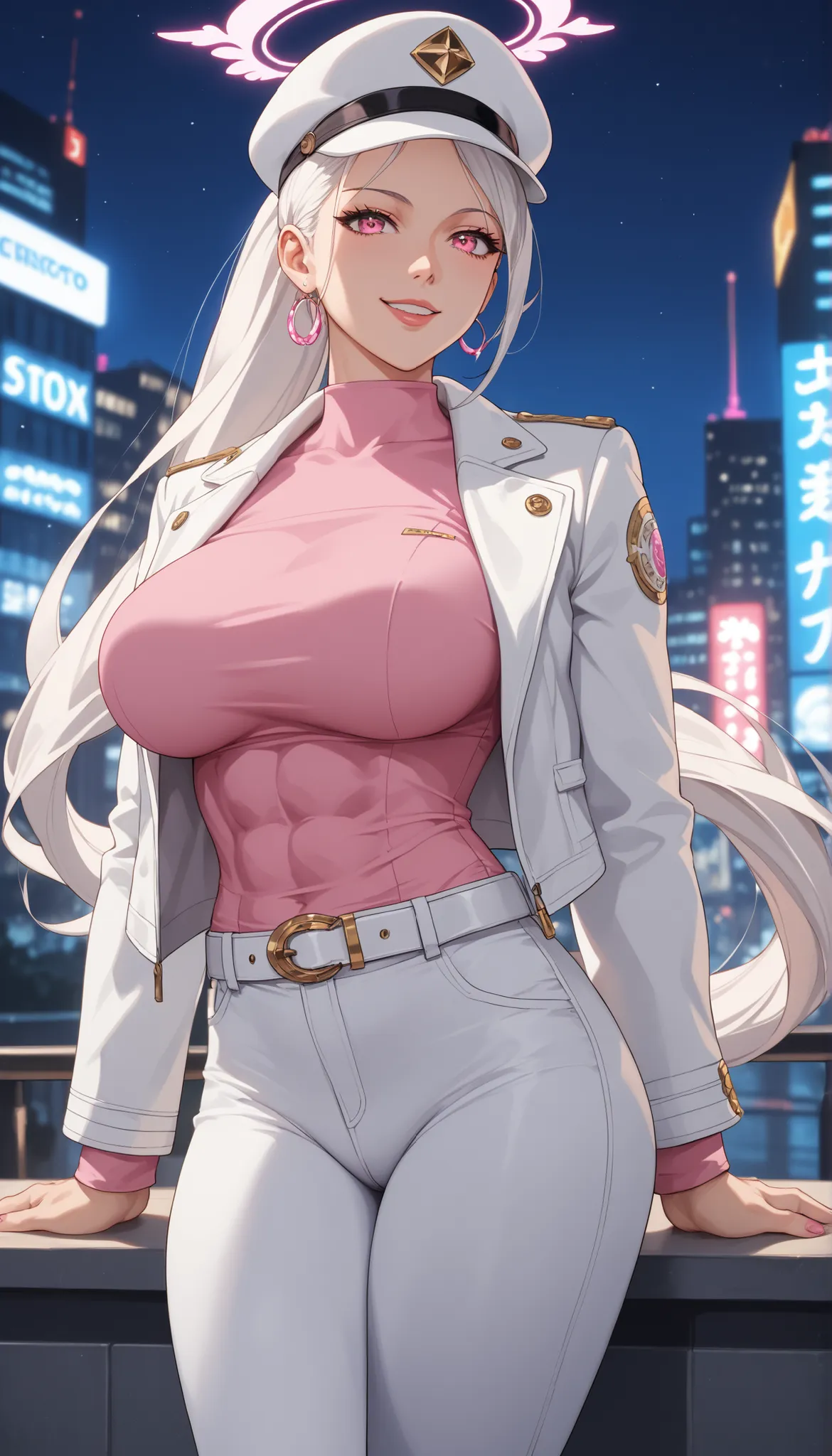 score_9, score_8, score_7, score_6, source _ anime, 1 Mature_, female, Angel Thrass, alone , Cheerful Mirafa, white hair, Long Ponytail Hair, pink eye, white hat, Tight Pink Shirt, White Jacket, white belt, white pants, Toned Thighs, The ...