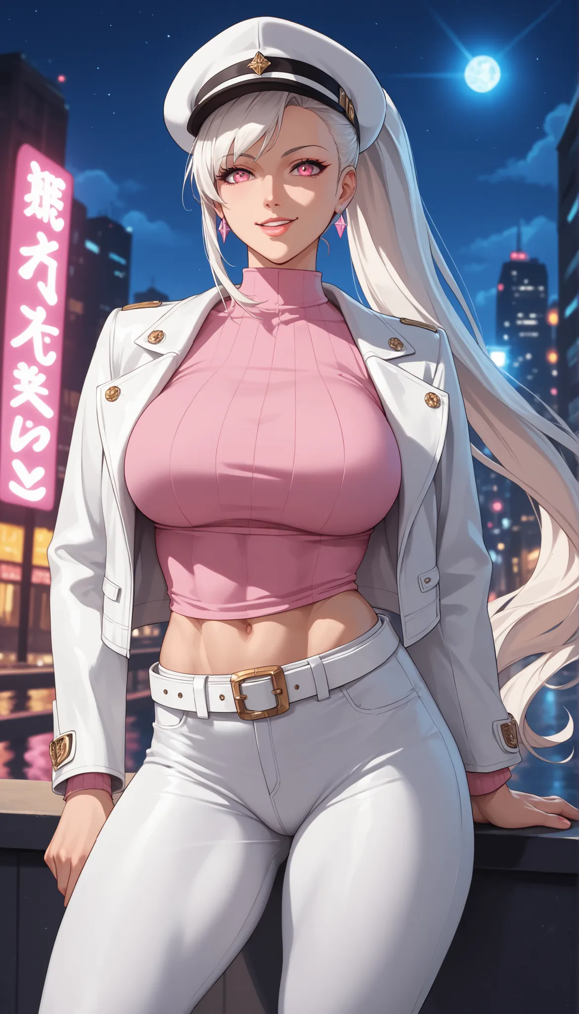score_9, score_8, score_7, score_6, source _ anime, 1 Mature_, female, Angel Thrass, alone , Cheerful Mirafa, white hair, Long Ponytail Hair, pink eye, white hat, Tight Pink Shirt, White Jacket, white belt, white pants, Toned Thighs, The ...