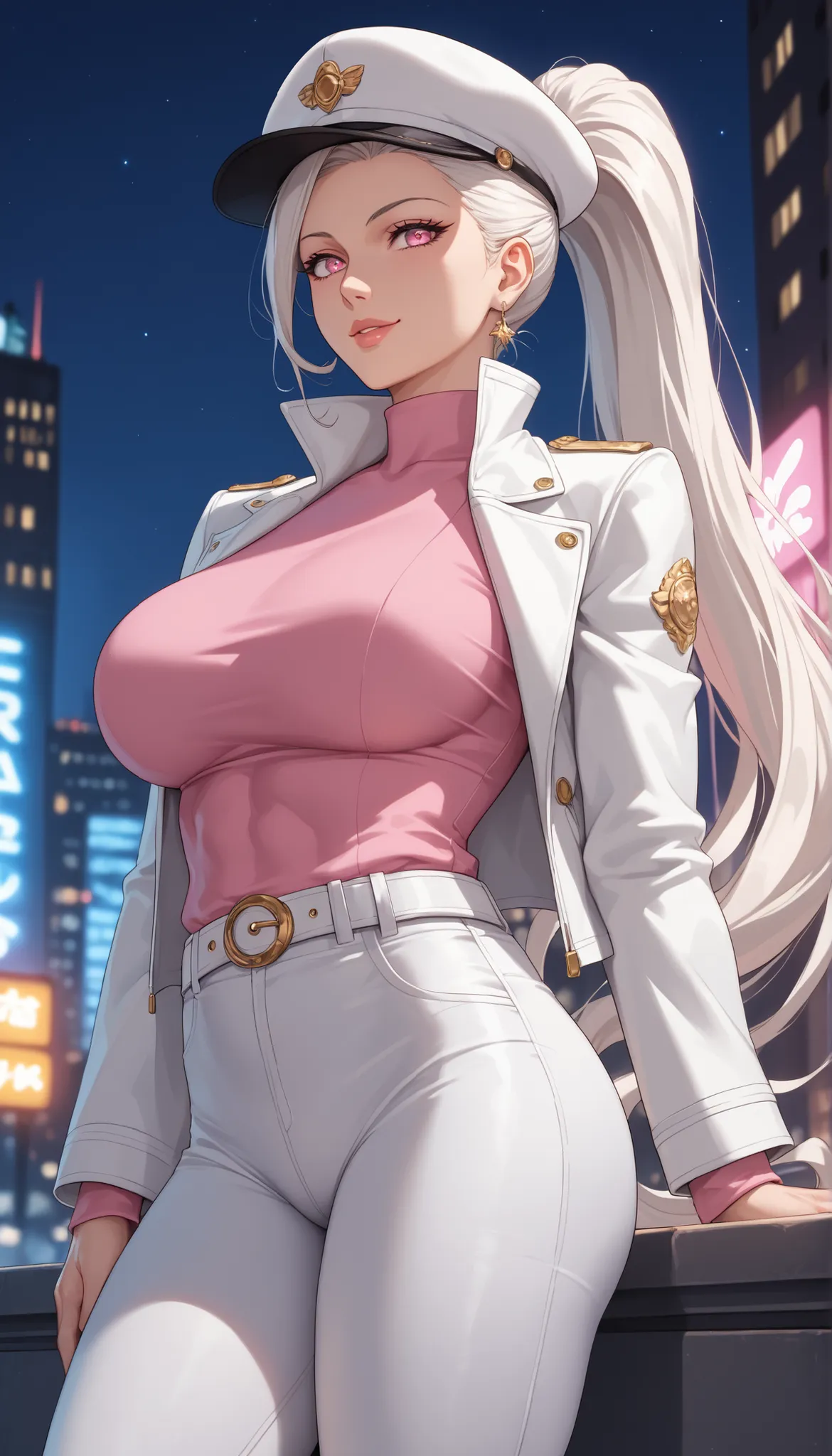 score_9, score_8, score_7, score_6, source _ anime, 1 Mature_, female, Angel Thrass, alone , Cheerful Mirafa, white hair, Long Ponytail Hair, pink eye, white hat, Tight Pink Shirt, White Jacket, white belt, white pants, Toned Thighs, The ...