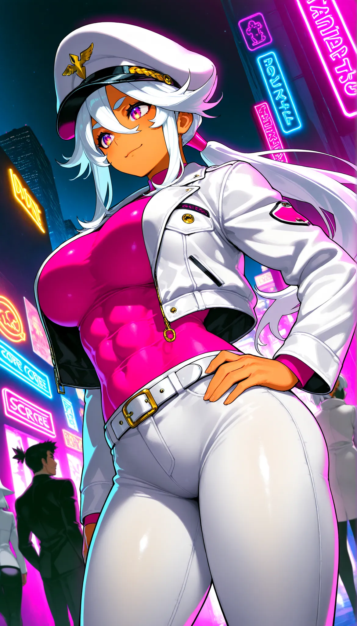 score_9, score_8, score_7, score_6, source _ anime, 1 Mature_, female, Angel Thrass, alone , Cheerful Mirafa, white hair, Long Ponytail Hair, pink eye, white hat, Tight Pink Shirt, White Jacket, white belt, white pants, Toned Thighs, The ...