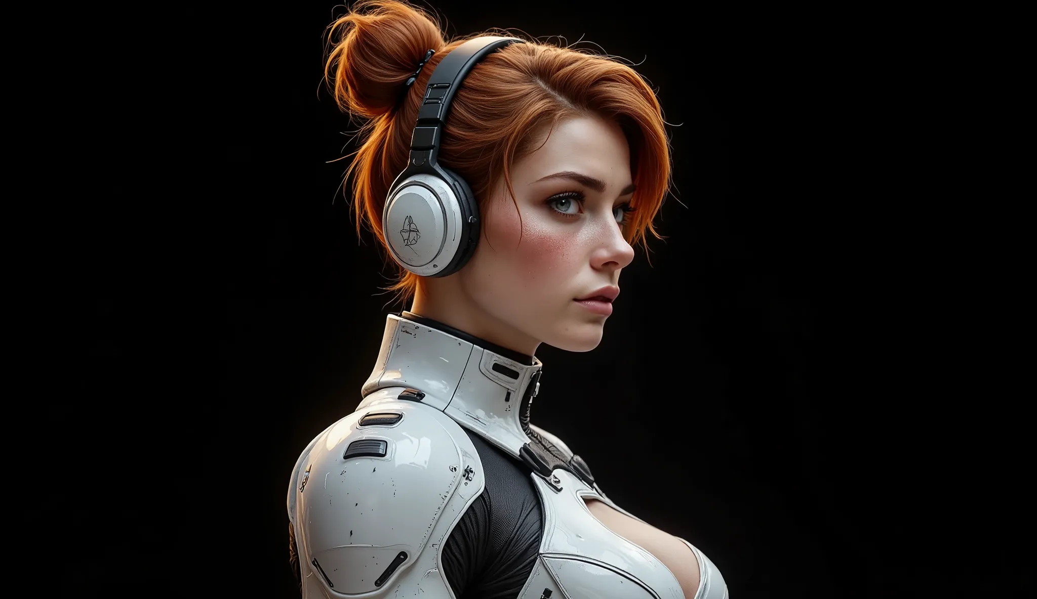 Side shot of the bust from head to chest of a 20 year old woman, high quality, 4k, she is a futuristic space marine, cinematic fiction, full framed image, side frontal, very pretty, freckled, orange-redhead with abundant hair and two buns one on each side ...