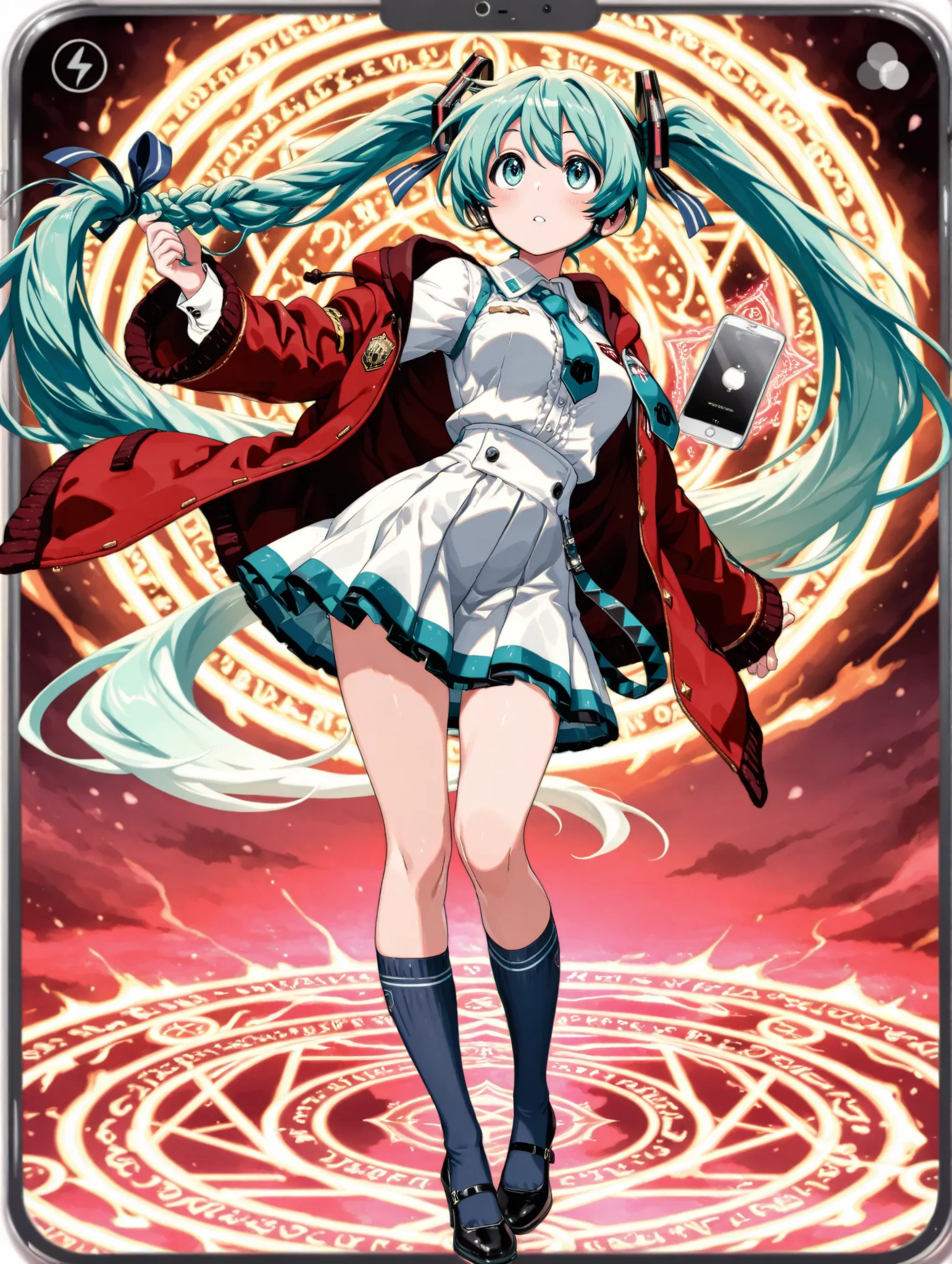 (masterpiece、Highest Quality、Highest Quality、Official Art、beautiful and beautiful:1.2)、(1 girl on break day:1.3)Hatsune Miku、beautiful breasts、light green twin tail、floats up three-dimensionally through the iPhone screen interface, one girl, white pin-tuck...