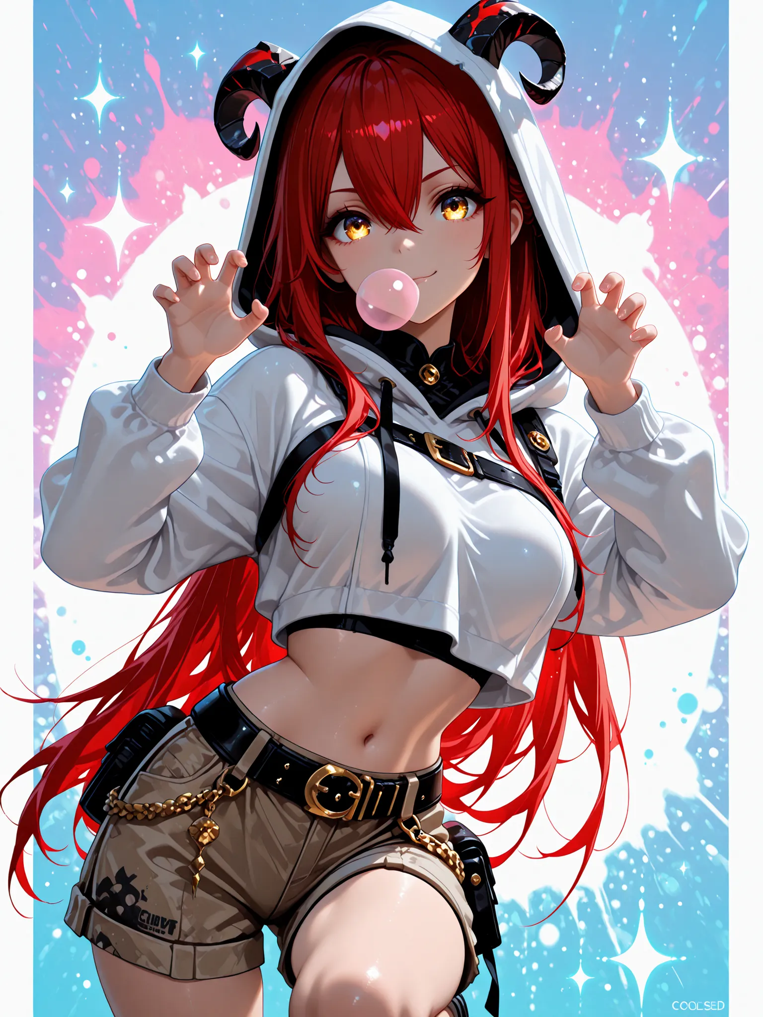 1 girl , golden eyes , very long hair , long sidelocks, red hair ,half updo, petite , very cute , beautiful ,Straight hair, cool, handsome, hair between eyes, sexy, mediumlarge breasts, hoodie with hood, crop hoodie, hood up, cargo shorts, rivet belt, slan...