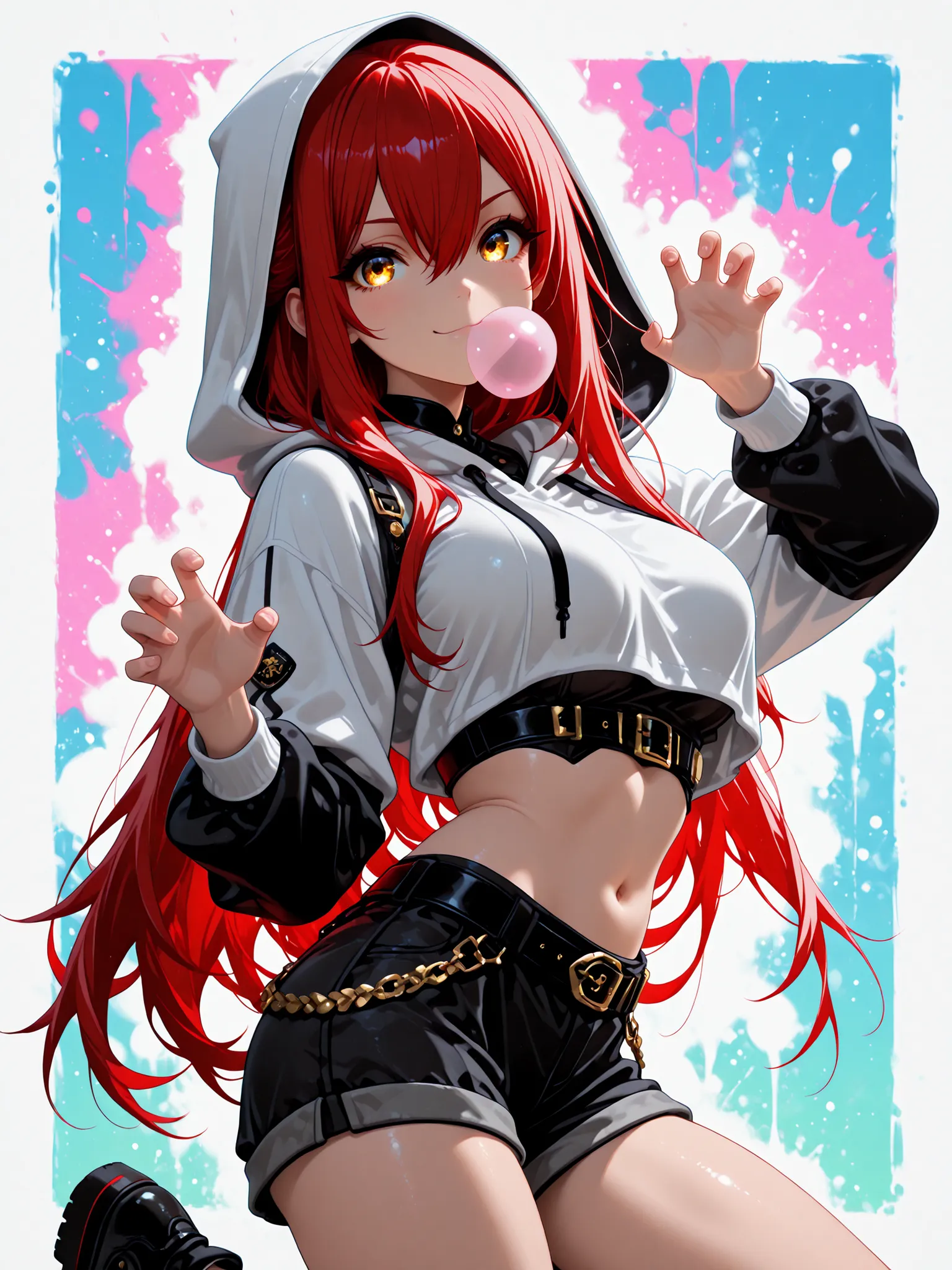 1 girl , golden eyes , very long hair , long sidelocks, red hair ,half updo, petite , very cute , beautiful ,Straight hair, cool, handsome, hair between eyes, sexy, mediumlarge breasts, hoodie with hood, crop hoodie, hood up, cargo shorts, rivet belt, slan...