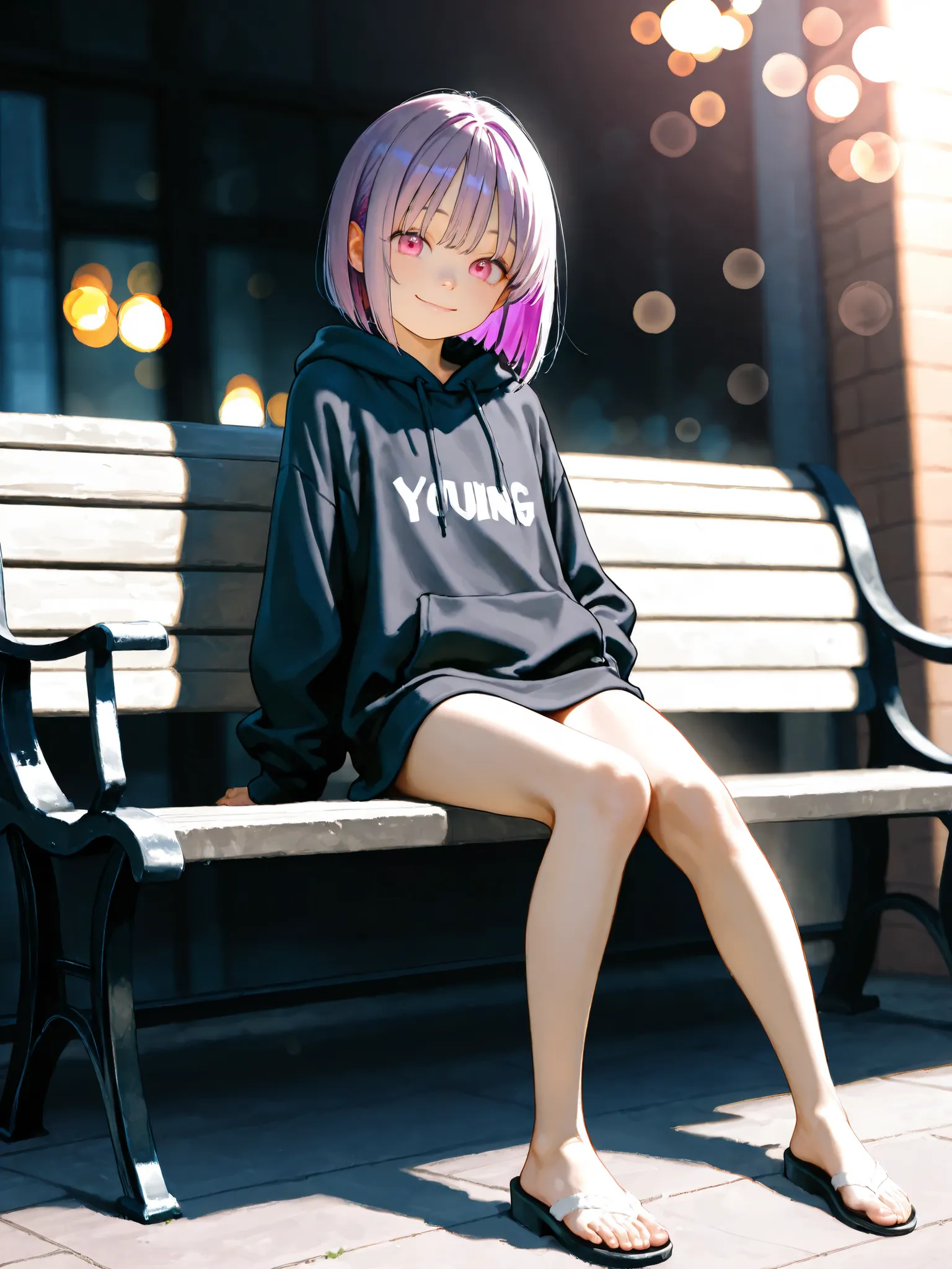 short girl, 1 girl,is young, flat chested,realisticな外観, big pink eyes, short bob、Two-tone purple hair and gray hair、black plain hoodie、bench right at night、smile、full body、naked、細部にこだわったrealisticな影、movie stills, real、Highest Quality, realistic, 4K Renderi...