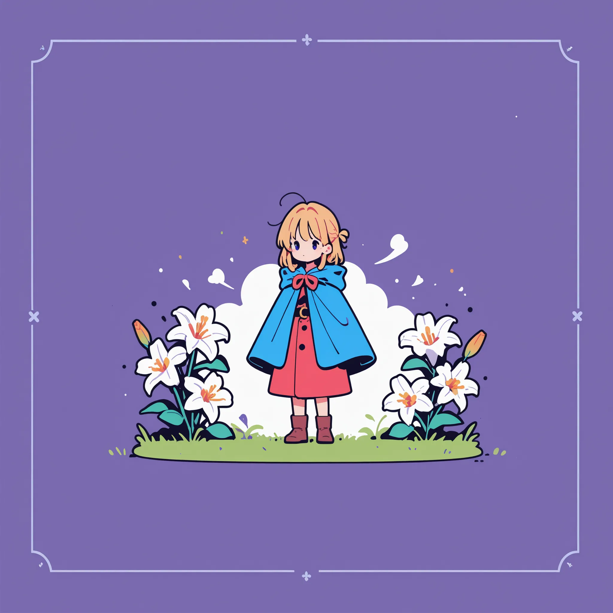 Illustration of a girl wearing red clothes and a blue cloak. A white lily is drawn in the background.