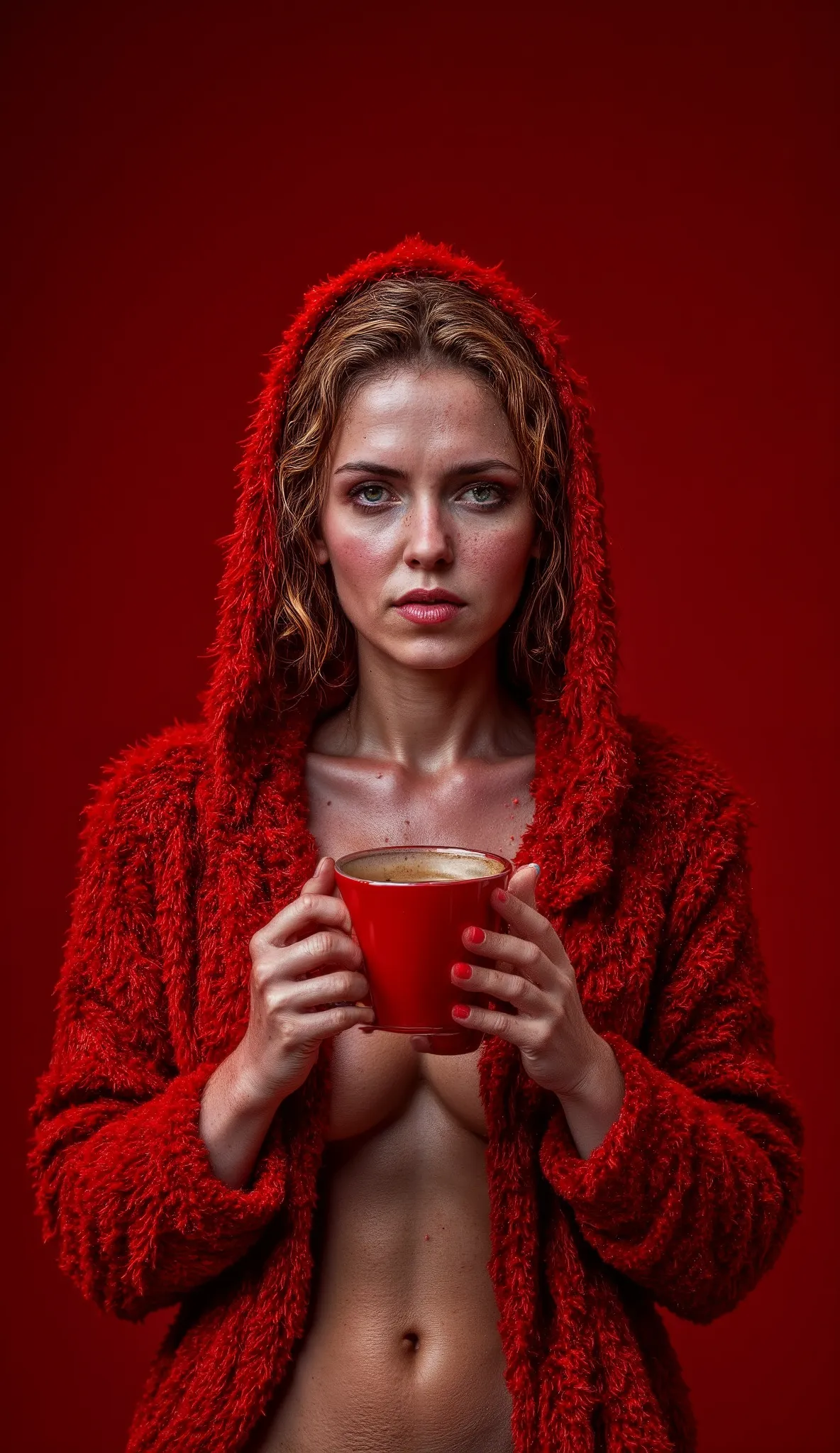 Epic realism portrait, very low coloured photography, 25 years old pretty sexy sweaty happily sad woman holding cup of coffee red color and white dots with rising smoke, shadows on face, light red background on atelier and sun shining from the outside to t...