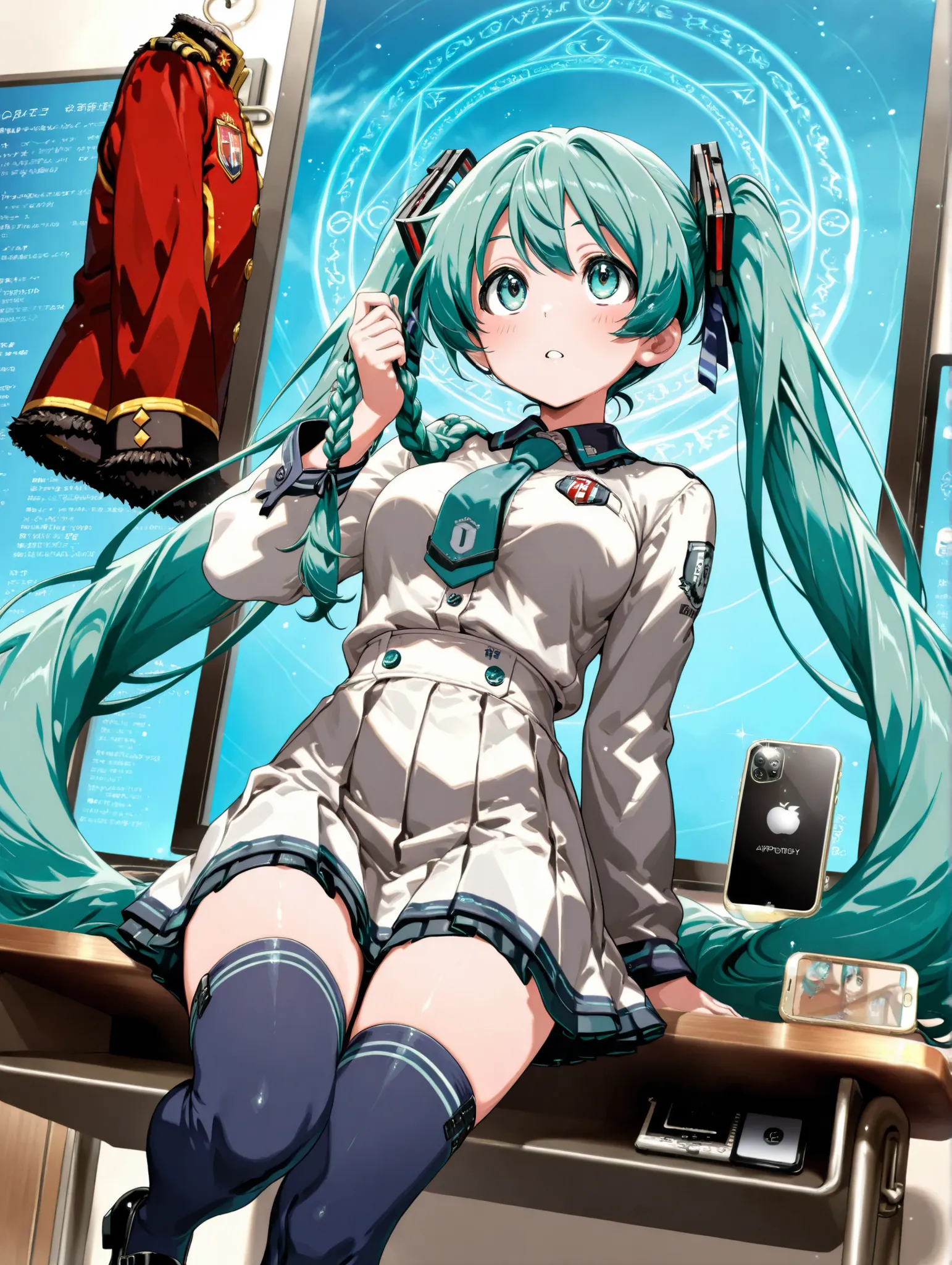 (masterpiece、Highest Quality、Highest Quality、Official Art、beautiful and beautiful:1.2)、(1 girl on break day:1.3)Hatsune Miku、beautiful breasts、light green twin tail、floats up three-dimensionally through the iPhone screen interface, one girl, white pin-tuck...