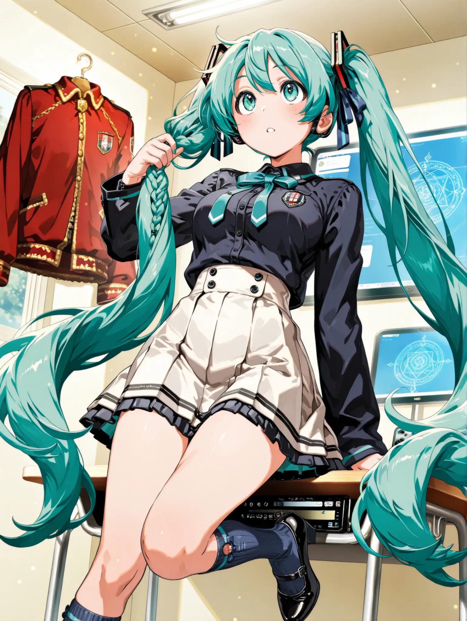 (masterpiece、Highest Quality、Highest Quality、Official Art、beautiful and beautiful:1.2)、(1 girl on break day:1.3)Hatsune Miku、beautiful breasts、light green twin tail、floats up three-dimensionally through the iPhone screen interface, one girl, white pin-tuck...