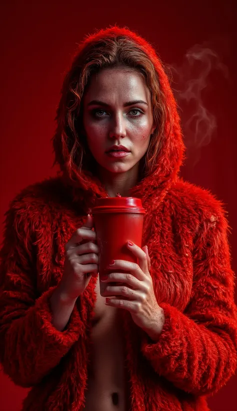 Epic realism portrait, very low coloured photography, 25 years old pretty sexy sweaty happily sad woman holding cup of coffee red color and white dots with rising smoke, shadows on face, light red background on atelier and sun shining from the outside to t...