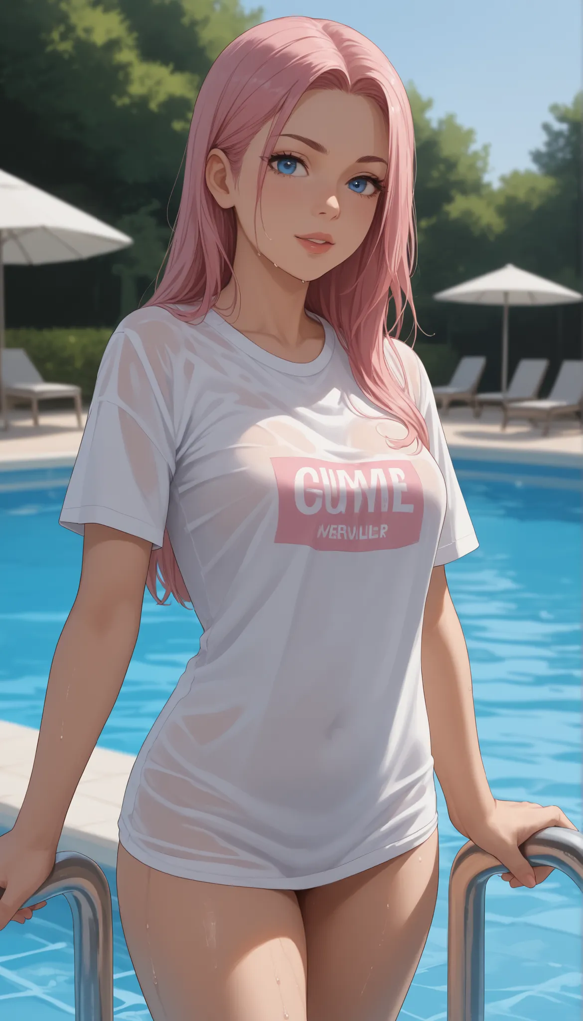  and、  (  Shoulder length ), blue eyes and normal breasts.  wearing a pink t-shirt,   Gold, LONG FIT ,Short sleeve,  No., no pants,   she also has  、  She comes out of the pool , wet. t-shirts are perfect for the body、slightly transparent. wide angle shot. hyperrealism 