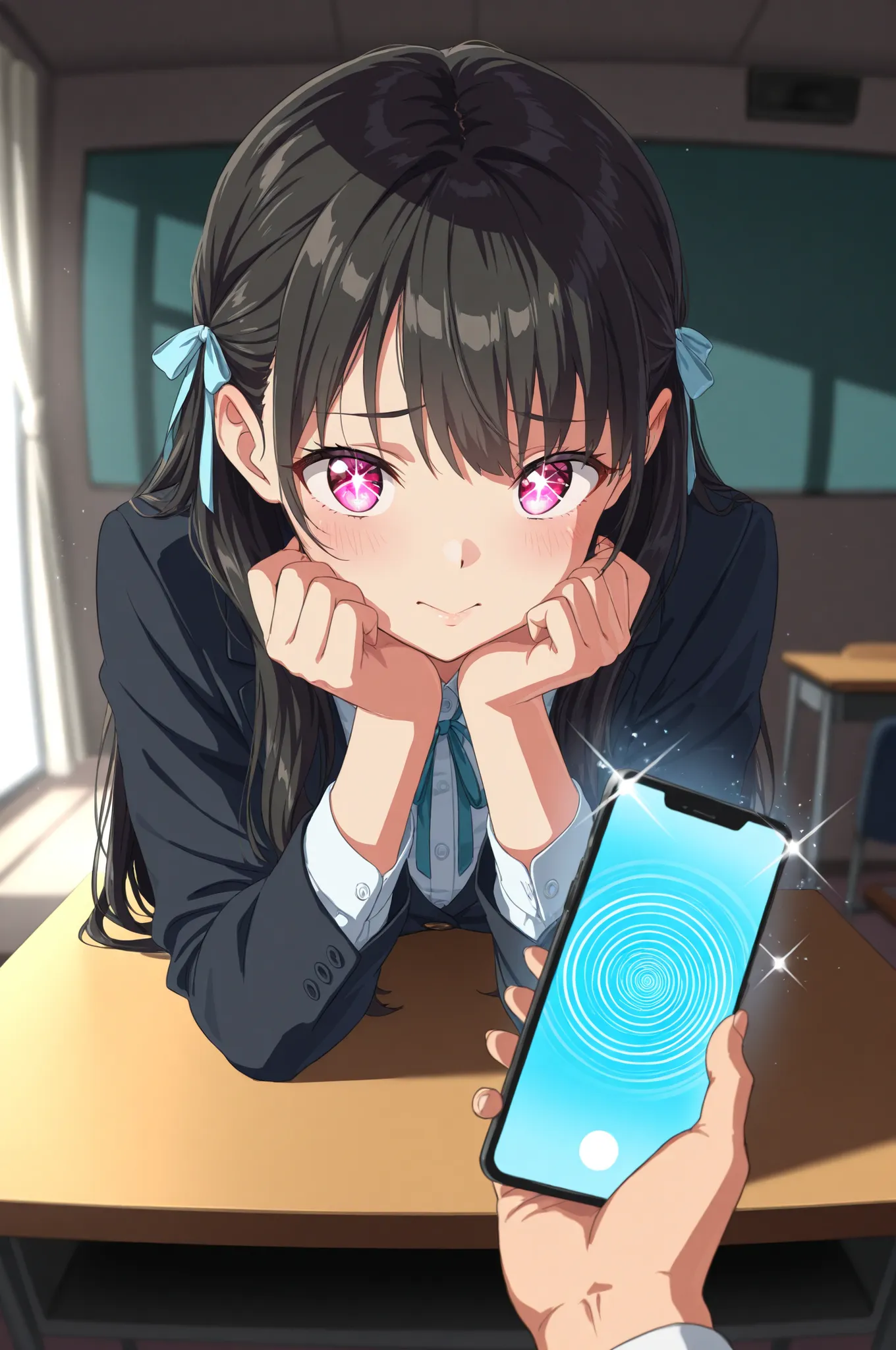A cute black long hair anime girl is emerging out of a glowing smartphone screen lying on a desk, half of her body already out of the screen. Her hand reaches far toward the viewer, with her hair and ribbons flying as if bursting into the real world. The p...