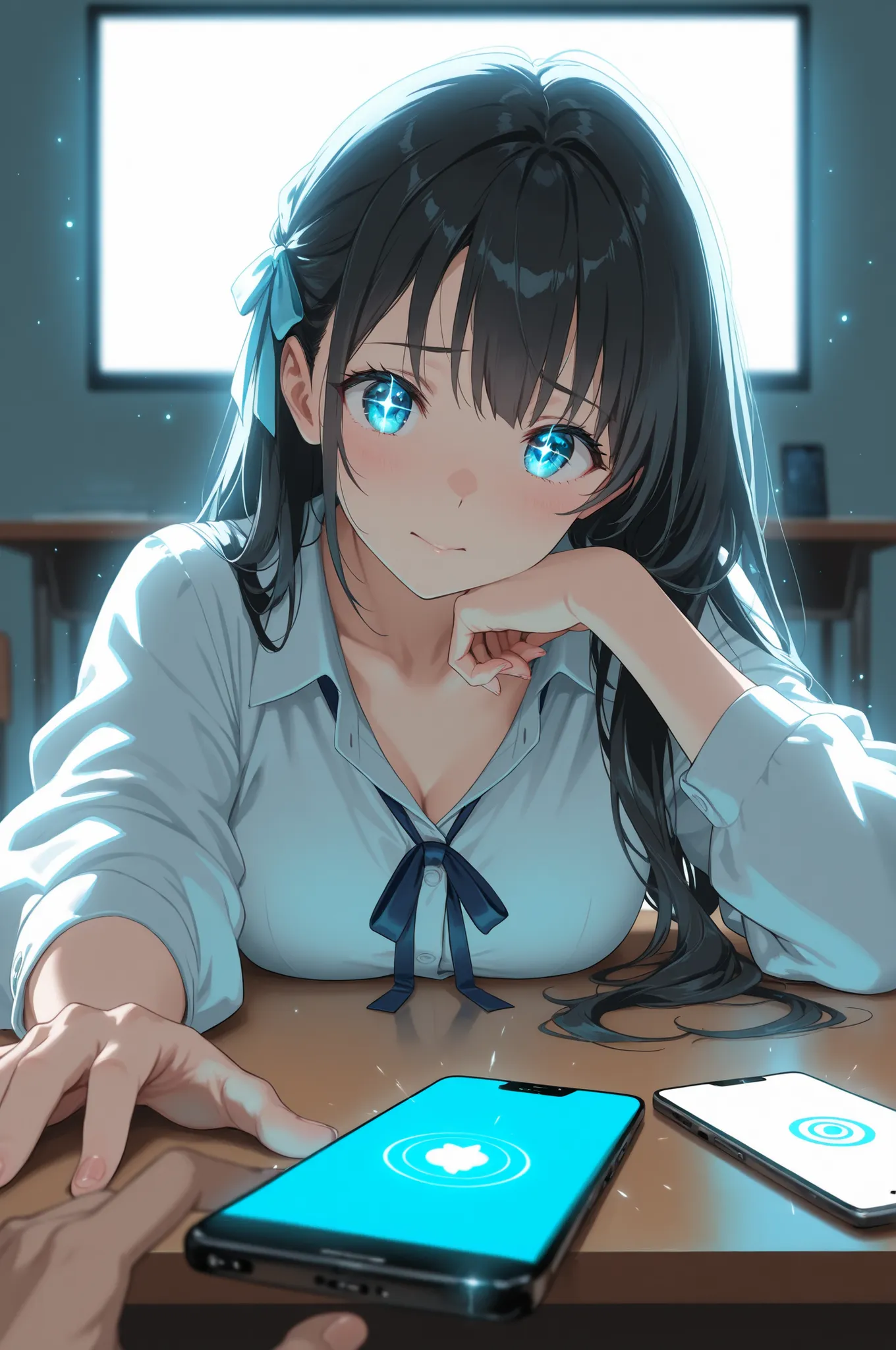 A cute black long hair anime girl is emerging out of a glowing smartphone screen lying on a desk, half of her body already out of the screen. Her hand reaches far toward the viewer, with her hair and ribbons flying as if bursting into the real world. The p...