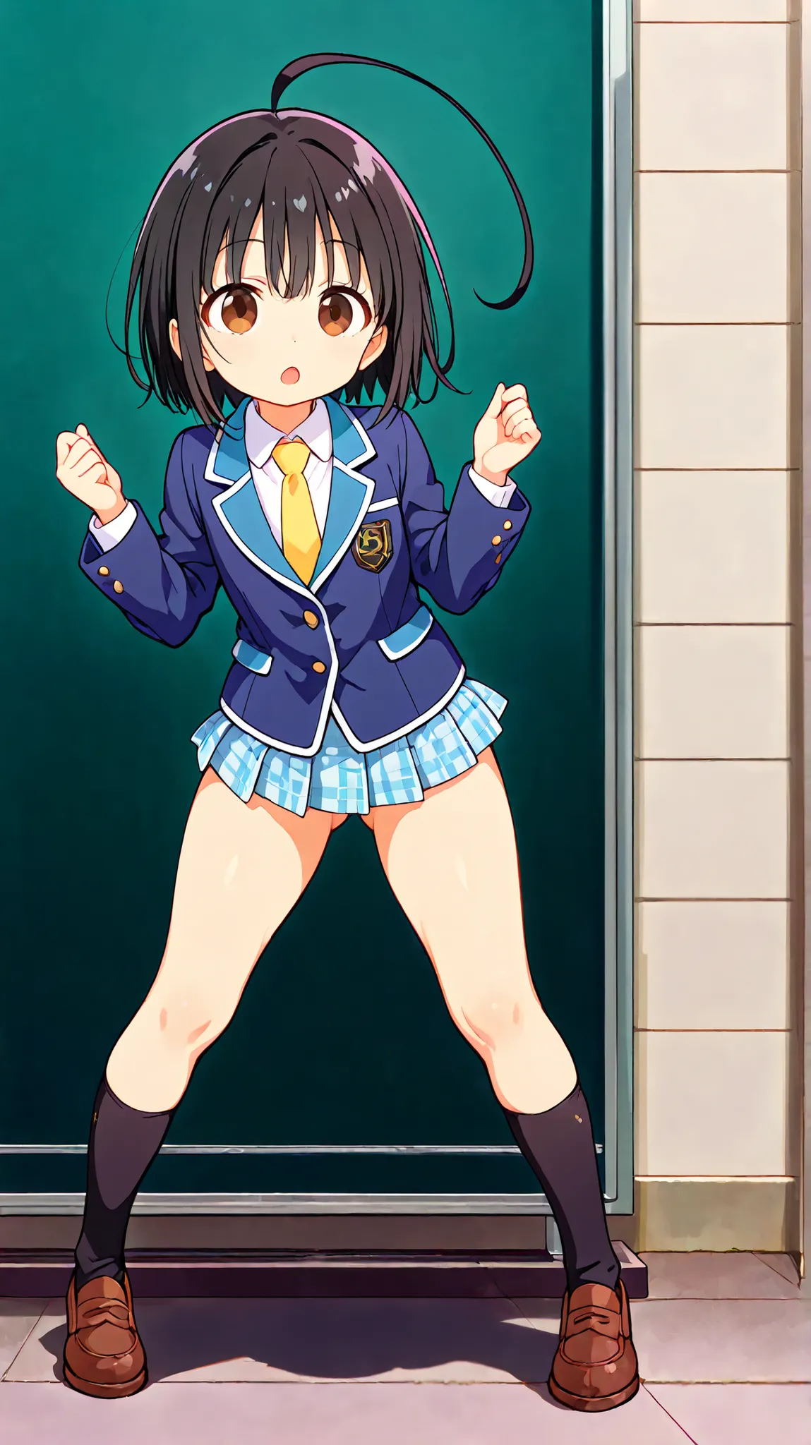 nsfw,((anime style)),score_9, score_8_up, score_7_up,masterpiece, best quality,ultra detail,,huge ahoge, negishi masako , 1girl , ((((((solo)))))),short hair,black hair ,long bangs,brown eyes,(Flat Chest),school uniform,(((blue blazer))),light blue checker...