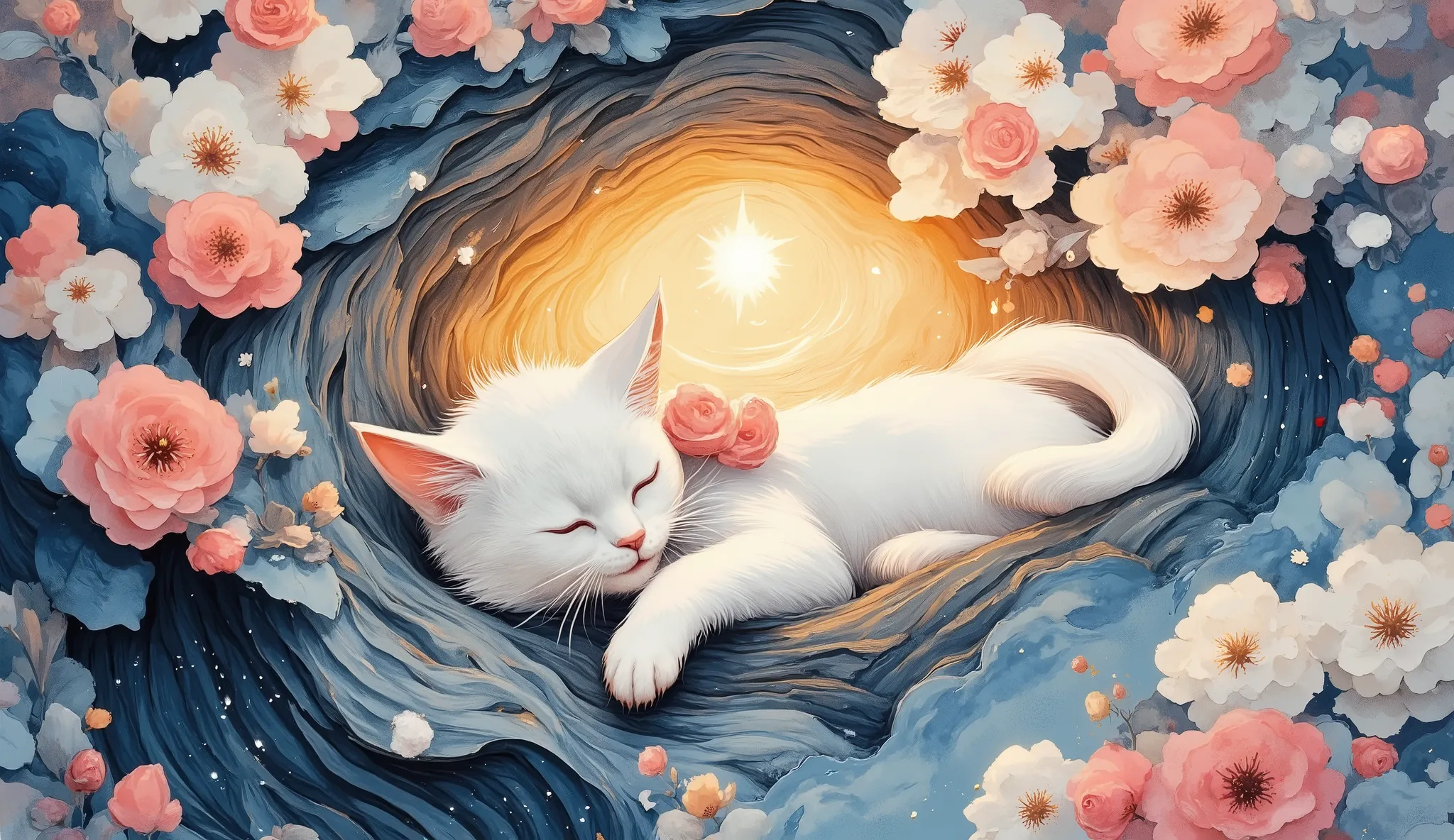 whimsical art style, dreamlike digital illustration, light fantasy, There is a illuminated  white cat that is sleeping in a tree, in a tree, spring, beautiful cat, sleeping cat, peaceful expression, sitting in a tree, peaceful and serene, cats and plants, ...