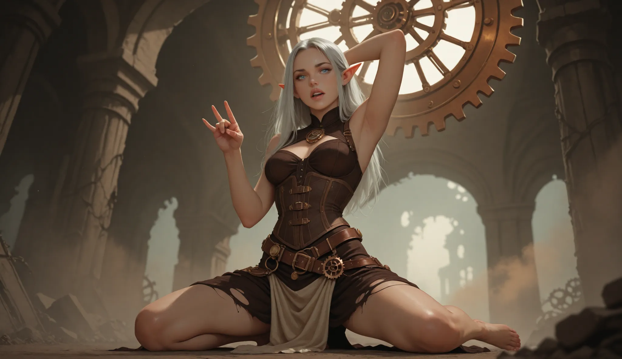 A beautiful human woman with long silver hair performs a dramatic Indian classical dance pose among ancient crumbling ruins, barefoot, her legs slightly bent, one arm raised in a precise mudra gesture, the other extended gracefully outward. Her heavenly bl...