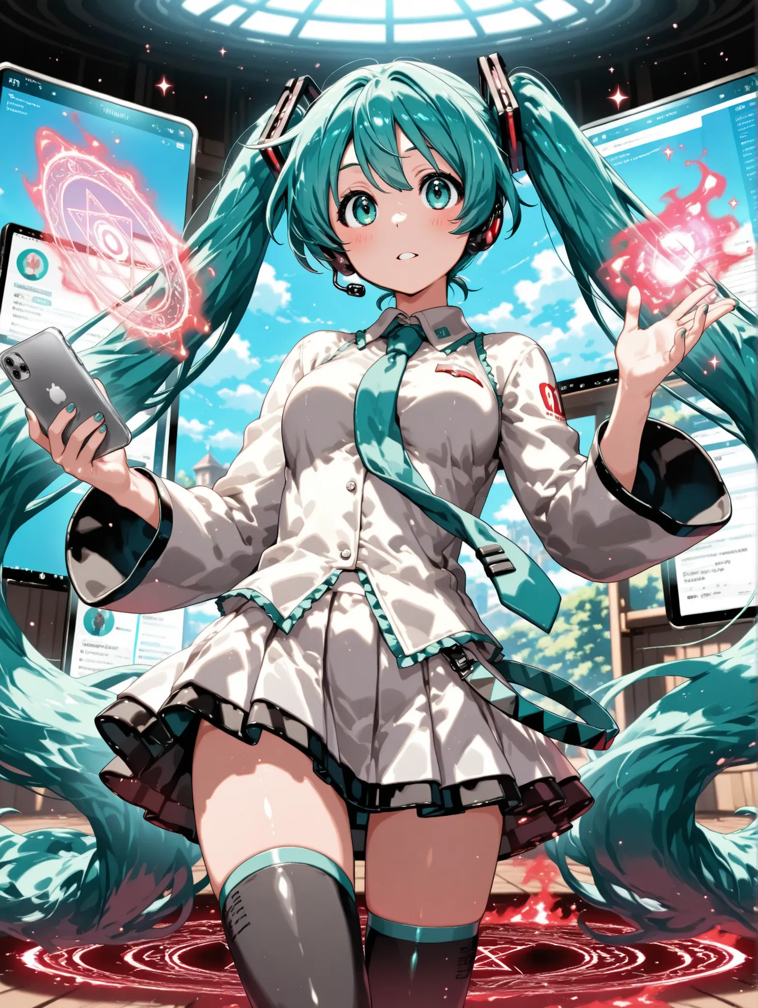 (masterpiece、Highest Quality、Highest Quality、Official Art、beautiful and beautiful:1.2)、(1 girl on break day:1.3)Hatsune Miku、beautiful breasts、light green twin tail、floats up three-dimensionally through the iPhone screen interface, one girl, white pin-tuck...