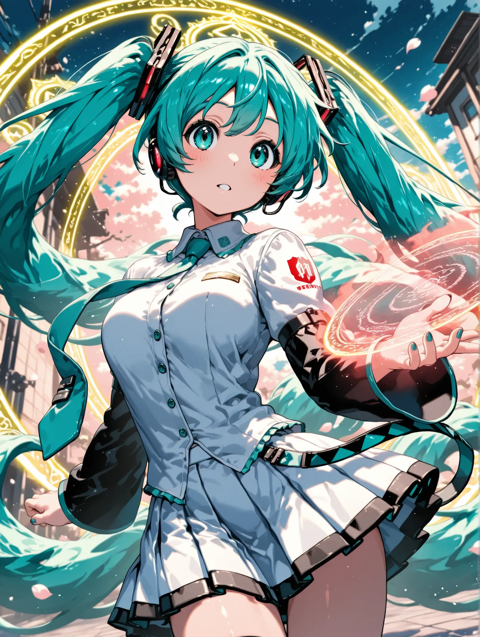(masterpiece、Highest Quality、Highest Quality、Official Art、beautiful and beautiful:1.2)、(1 girl on break day:1.3)Hatsune Miku、beautiful breasts、light green twin tail、floats up three-dimensionally through iPhone screen interface, one girl, white pin-tuck blo...
