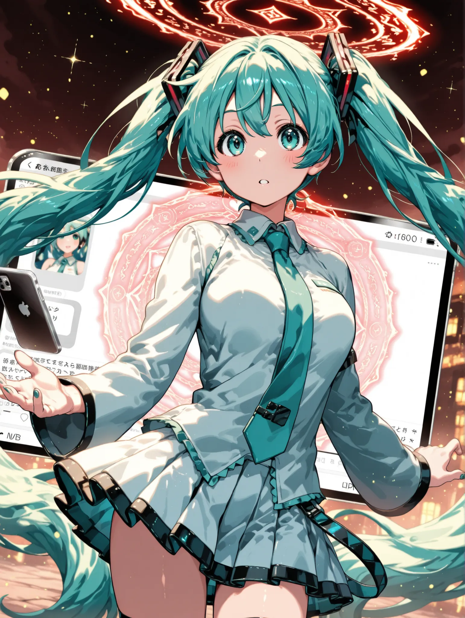 (masterpiece、Highest Quality、Highest Quality、Official Art、beautiful and beautiful:1.2)、(1 girl on break day:1.3)Hatsune Miku、beautiful breasts、light green twin tail、A girl emerges three-dimensionally through the iPhone screen interface, one girl, white pin...