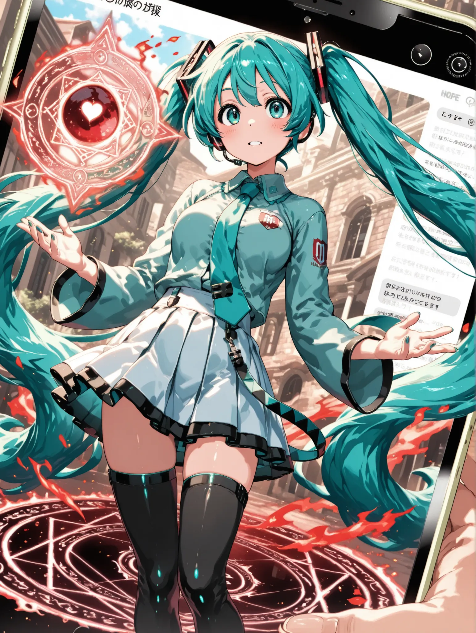 (masterpiece、Highest Quality、Highest Quality、Official Art、beautiful and beautiful:1.2)、(1 girl on break day:1.3)Hatsune Miku、beautiful breasts、light green twin tail、A girl emerges three-dimensionally through the iPhone screen interface, one girl, white pin...