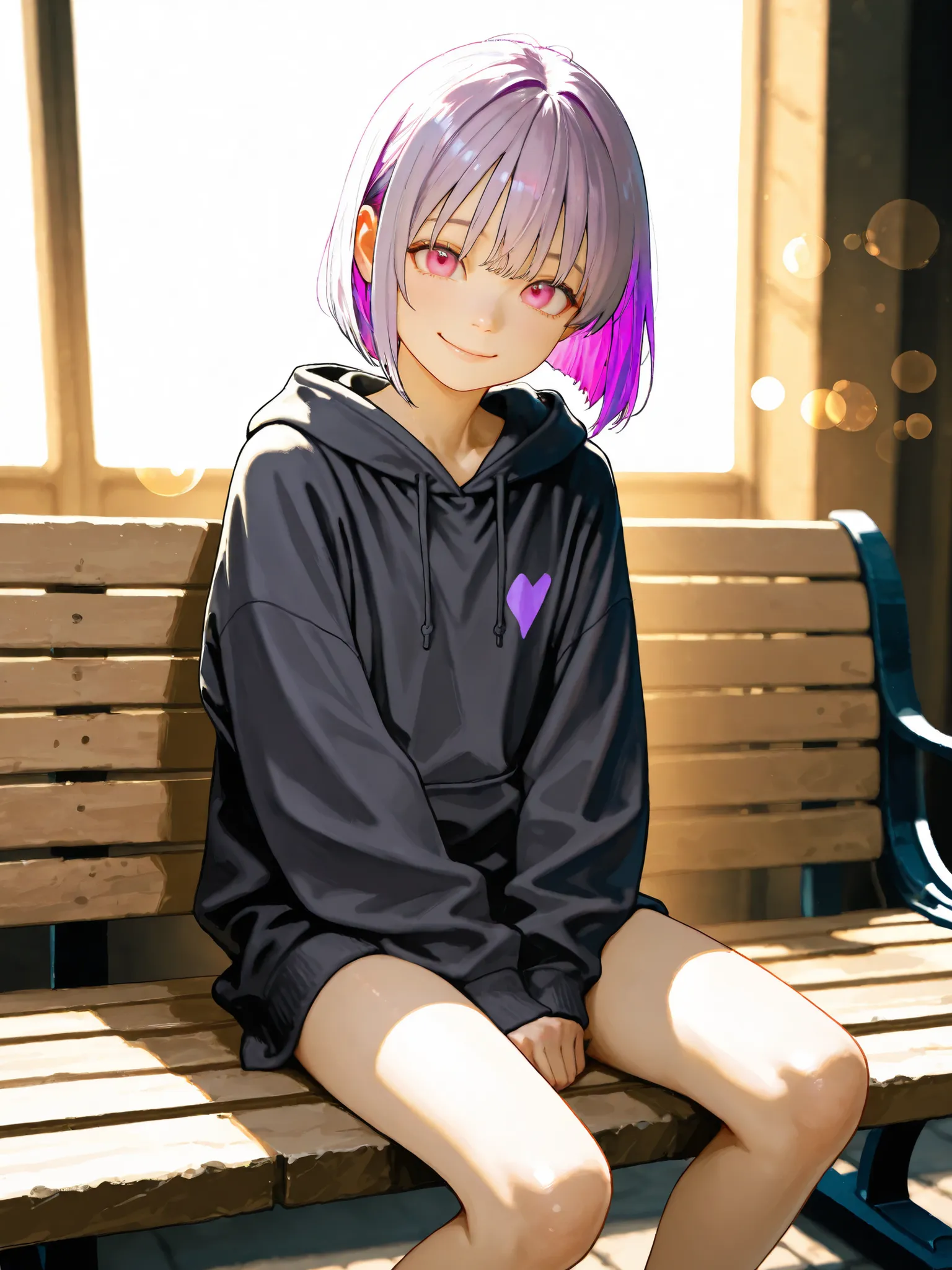 short girl, 1 girl,is young, flat chested,realisticな外観, big pink eyes, short bob、Two-tone purple hair and gray hair、black plain hoodie、bench right at night、smile、full body、naked、細部にこだわったrealisticな影、movie stills, real、Highest Quality, realistic, 4K Renderi...