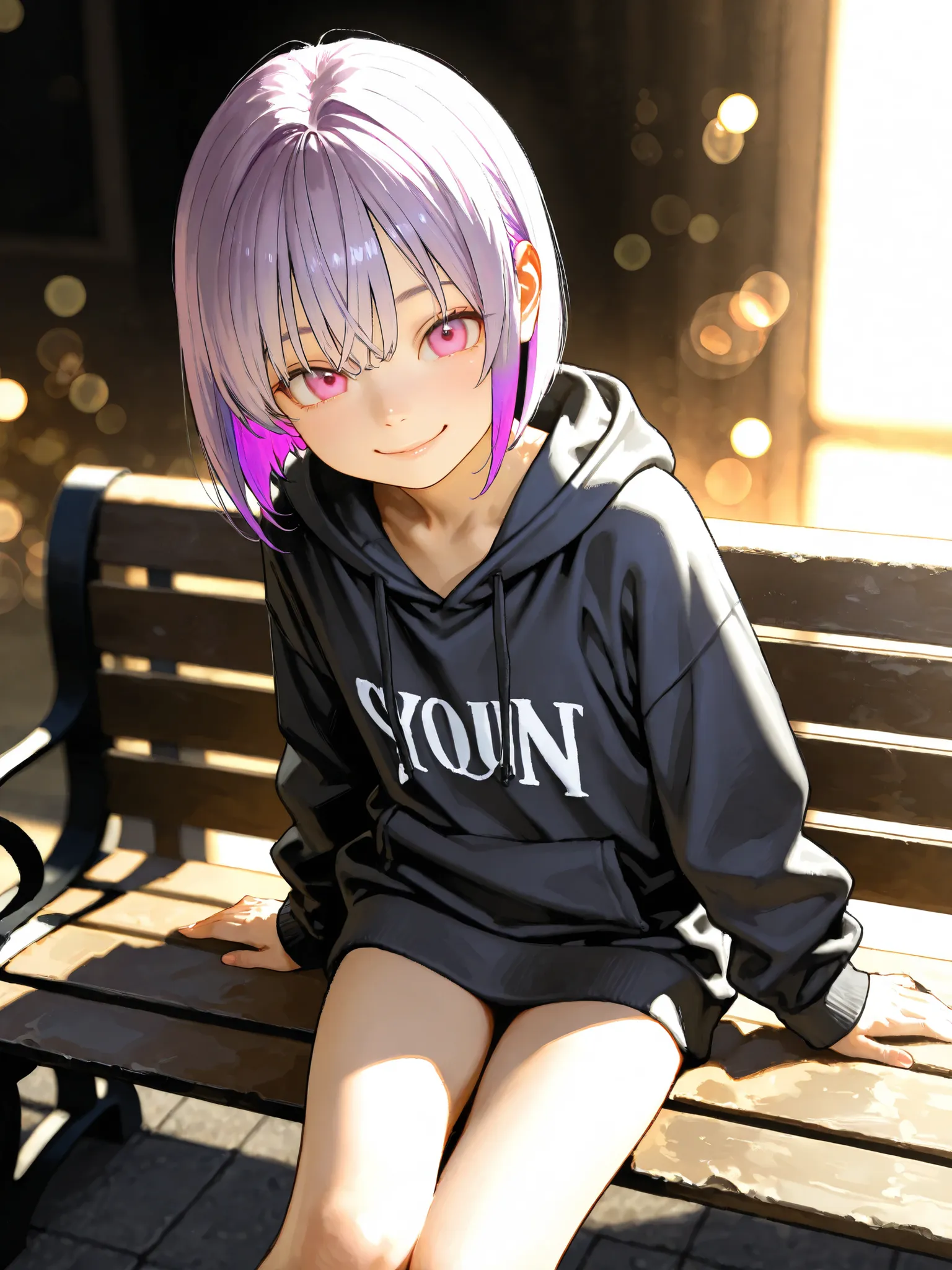short girl, 1 girl,is young, flat chested,realisticな外観, big pink eyes, short bob、Two-tone purple hair and gray hair、black plain hoodie、bench right at night、smile、hold out your hand、naked、細部にこだわったrealisticな影、movie stills, real、Highest Quality, realistic, 4...