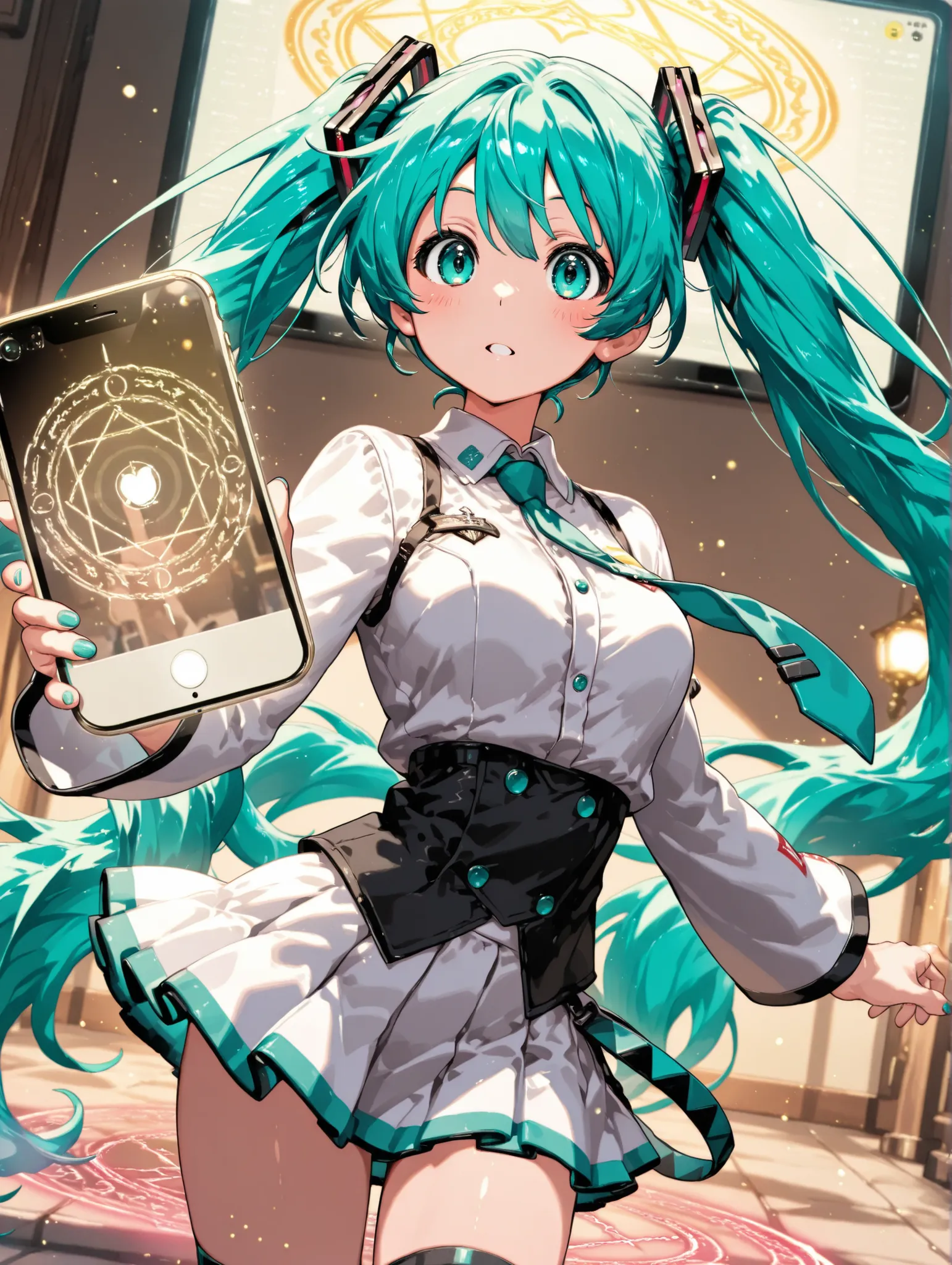 (masterpiece、Highest Quality、Highest Quality、Official Art、beautiful and beautiful:1.2)、(1 girl on break day:1.3)Hatsune Miku、beautiful breasts、light green twin tail、A girl emerges three-dimensionally through the iPhone screen interface, one girl, white pin...