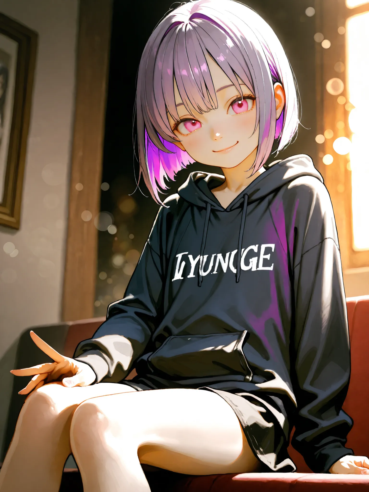 short girl, 1 girl,is young, flat chested,realisticな外観, big pink eyes, short bob、Two-tone purple hair and gray hair、black plain hoodie、sit、smile、extends his hand here、細部にこだわったrealisticな影、movie stills, real、Highest Quality, realistic, 4K Rendering, ultra-f...