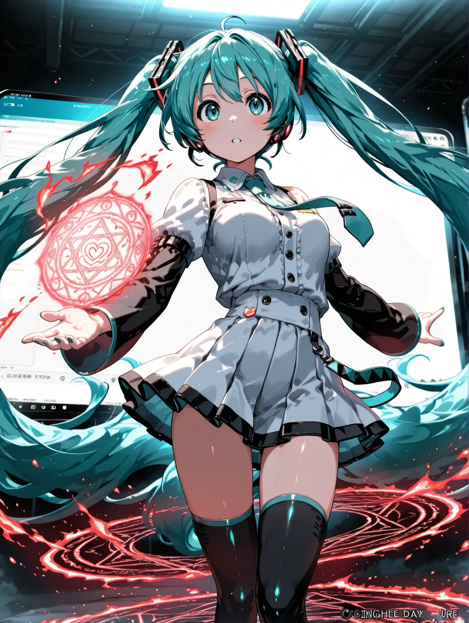 (masterpiece、Highest Quality、Highest Quality、Official Art、beautiful and beautiful:1.2)、(1 girl on break day:1.3)Hatsune Miku、beautiful breasts、light green twin tail、A girl emerges three-dimensionally through the iPhone screen interface, one girl, white pin...