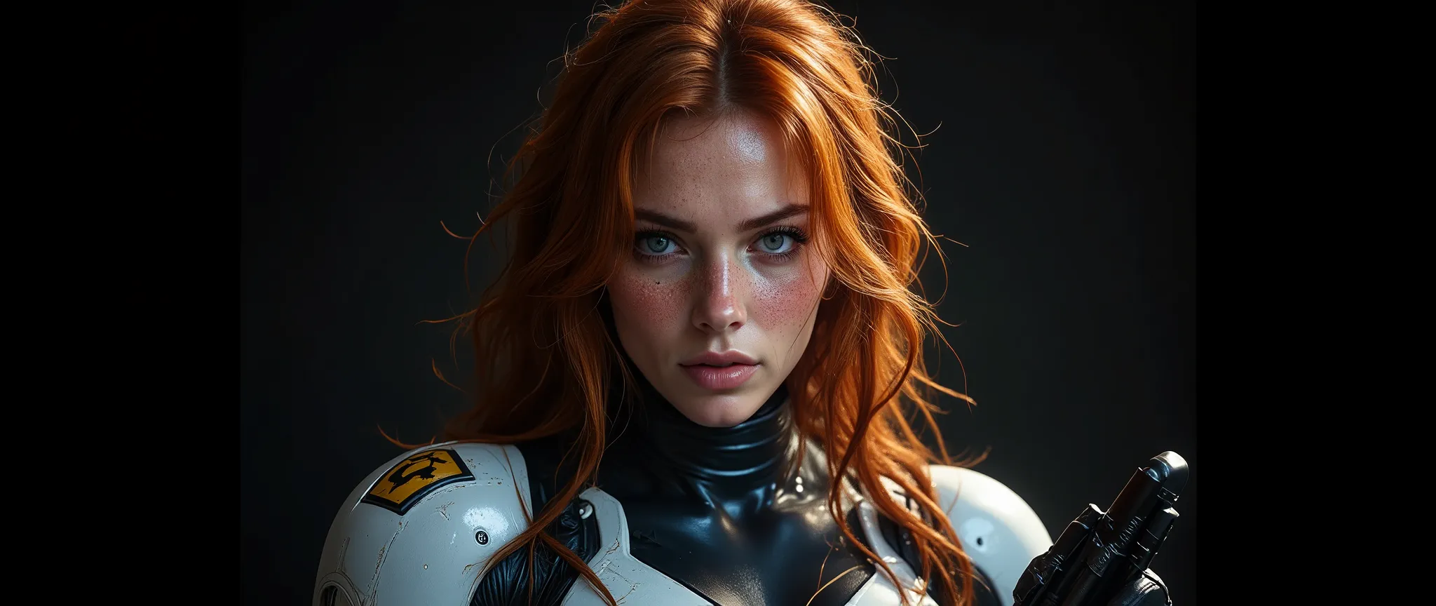 Side shot of the bust from head to chest of a 20 year old woman, high quality, 4k, she is a futuristic space marine, cinecia fiction, full framed image, side frontal, very pretty, freckled, orange-redhead with very long hair and two buns one on each side o...