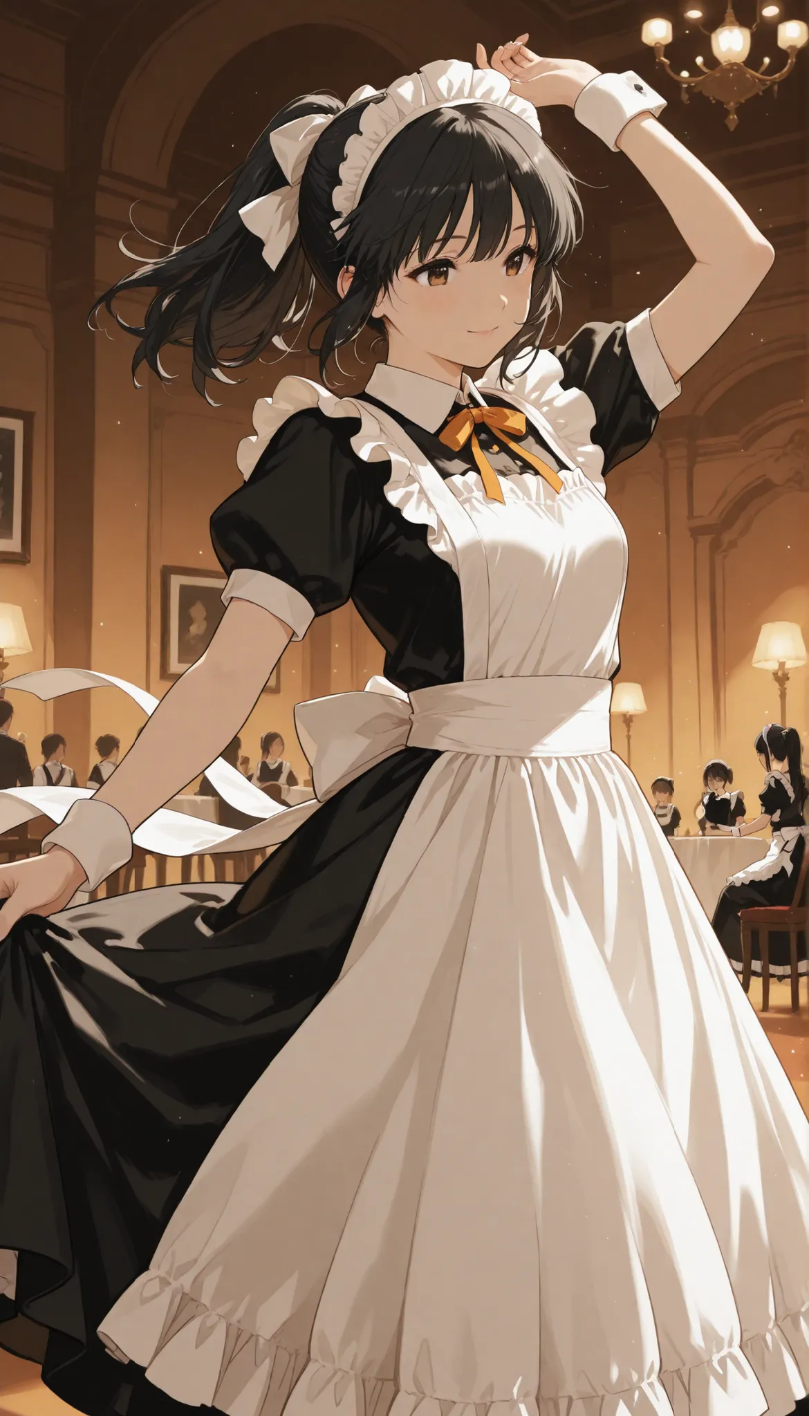 Beautiful maid girl, black hair, dancing, ribbon, ponytail