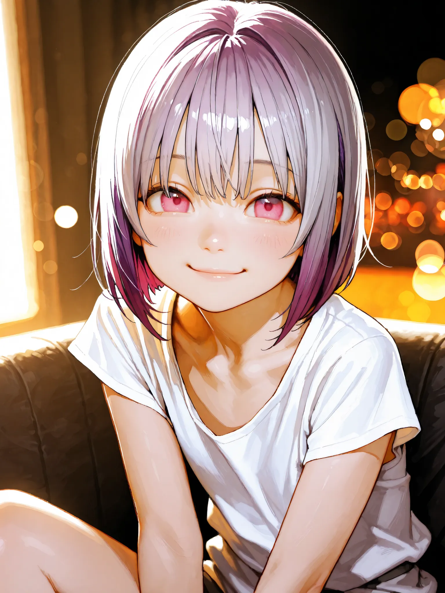 short girl, 1 girl,is young, flat chested,realisticな外観, big pink eyes, short bob、Two-tone purple hair and gray hair、plain shirt、sit、smile、deep、細部にこだわったrealisticな影、movie stills, real、Highest Quality, realistic, 4K Rendering, ultra-fine texture, Professiona...