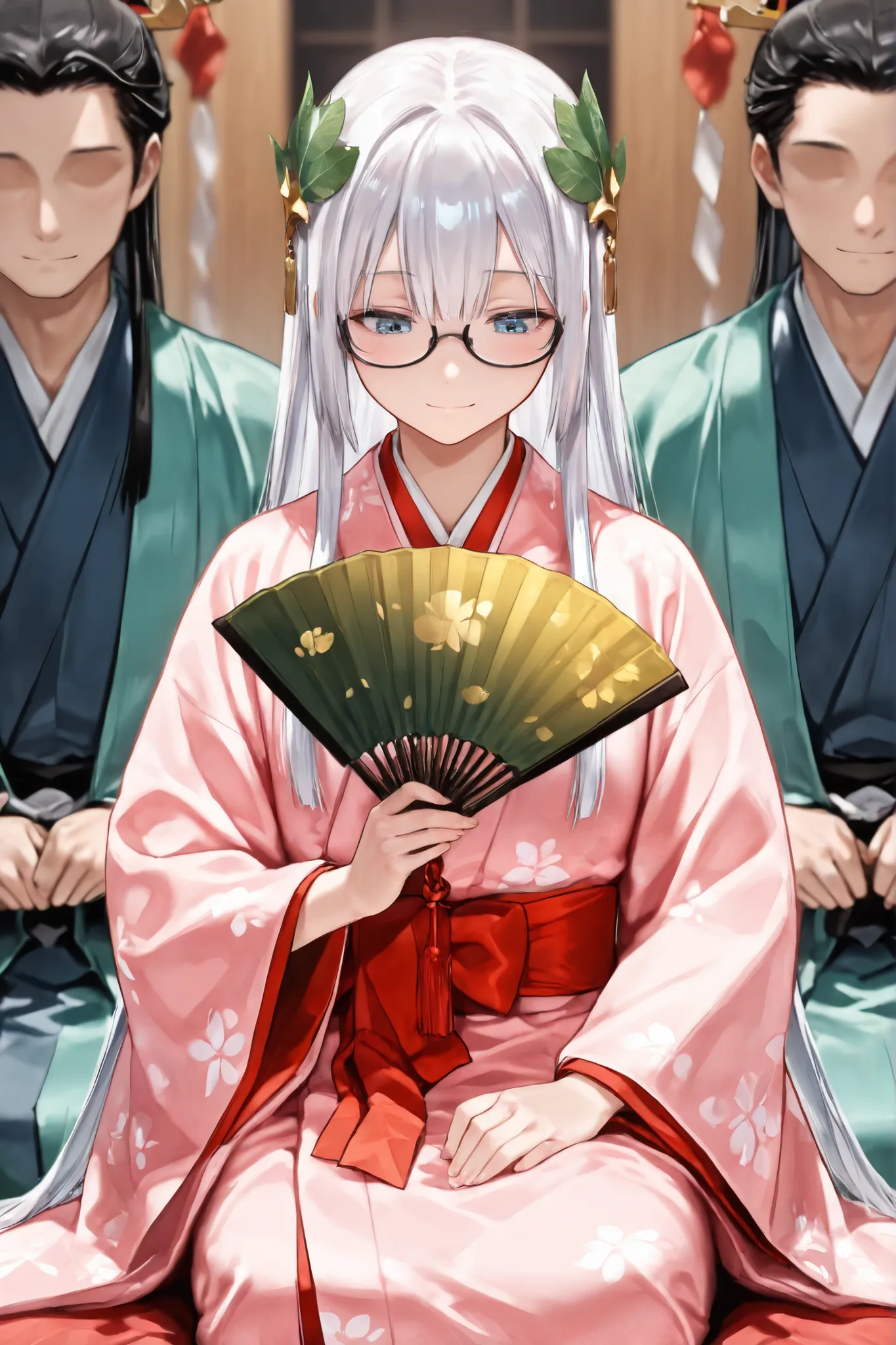 ((Masterpiece)),((best quality)),((incredibly absurdres)),((8K)),(semi realistic),
1 girl,young female,aged up,kawaii,white hair,long hair,straight hair,blue eyes,small breasts,
((black eyewear)),pink kimono,(JyuuniHitoe),green Leaf hair ornament,gold hair...