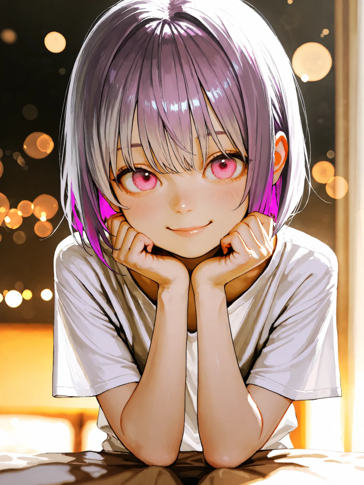 short girl, 1 girl,is young, flat chested,realisticな外観, big pink eyes, short bob、Two-tone purple hair and gray hair、plain shirt、sit、best smiles、add hands、細部にこだわったrealisticな影、movie stills, real、Highest Quality, realistic, 4K Rendering, ultra-fine texture, ...