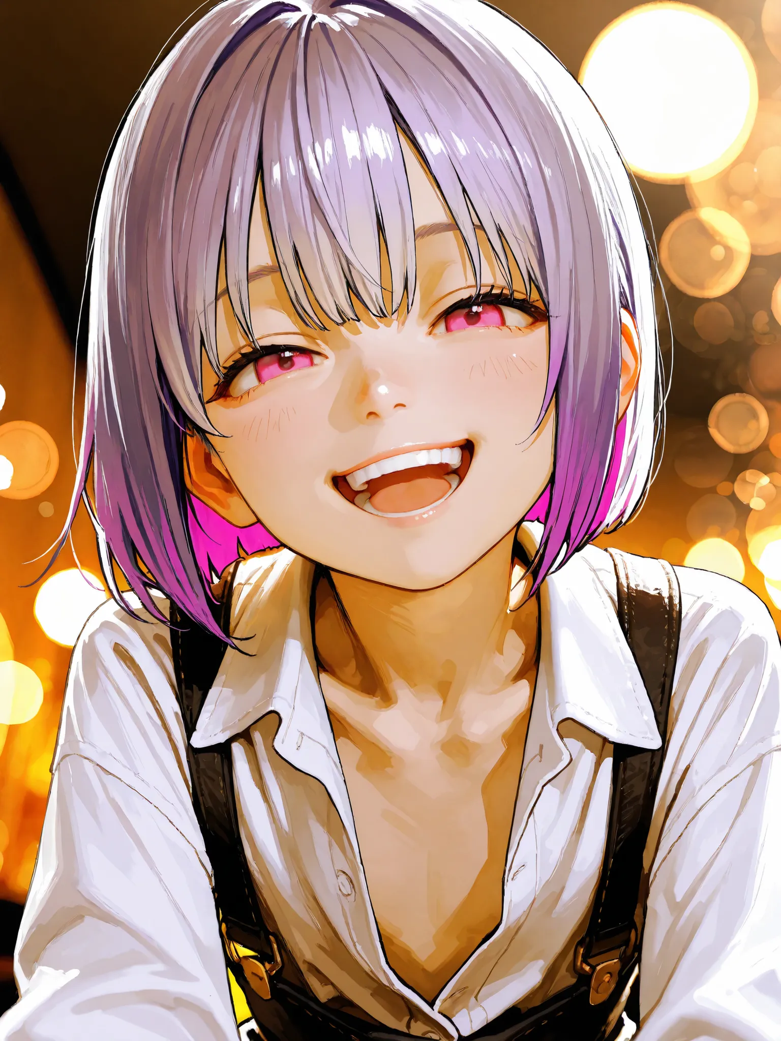 short girl, 1 girl,is young, flat chested,realisticな外観, big pink eyes, short bob、Gradation color purple hair and gray hair、plain shirt、 has loose chest、sit、smile、 burst out laughing、add hands、細部にこだわったrealisticな影、movie stills, real、Highest Quality, realist...