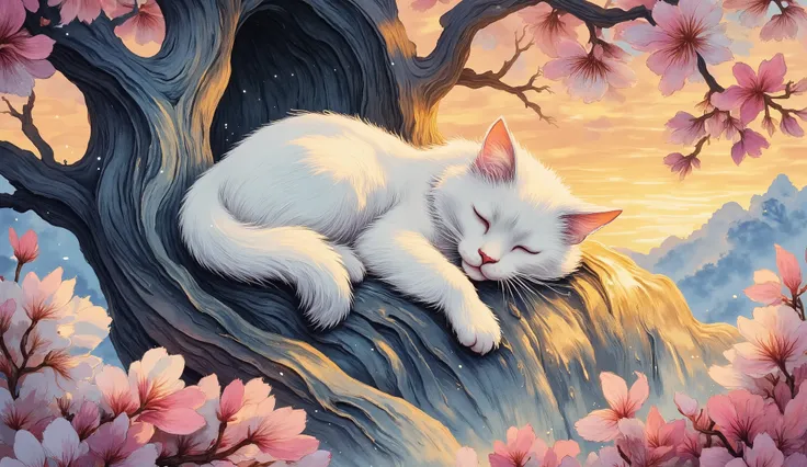 whimsical art style, dreamlike digital illustration, light fantasy, There is a illuminated  white cat that is sleeping in a tree, in a tree, spring, beautiful cat, sleeping cat, peaceful expression, sitting in a tree, peaceful and serene, cats and plants, ...