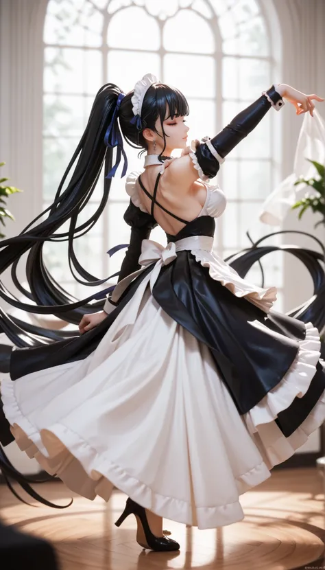 Beautiful maid girl, black hair, dancing, ribbon, absurdly long ponytail