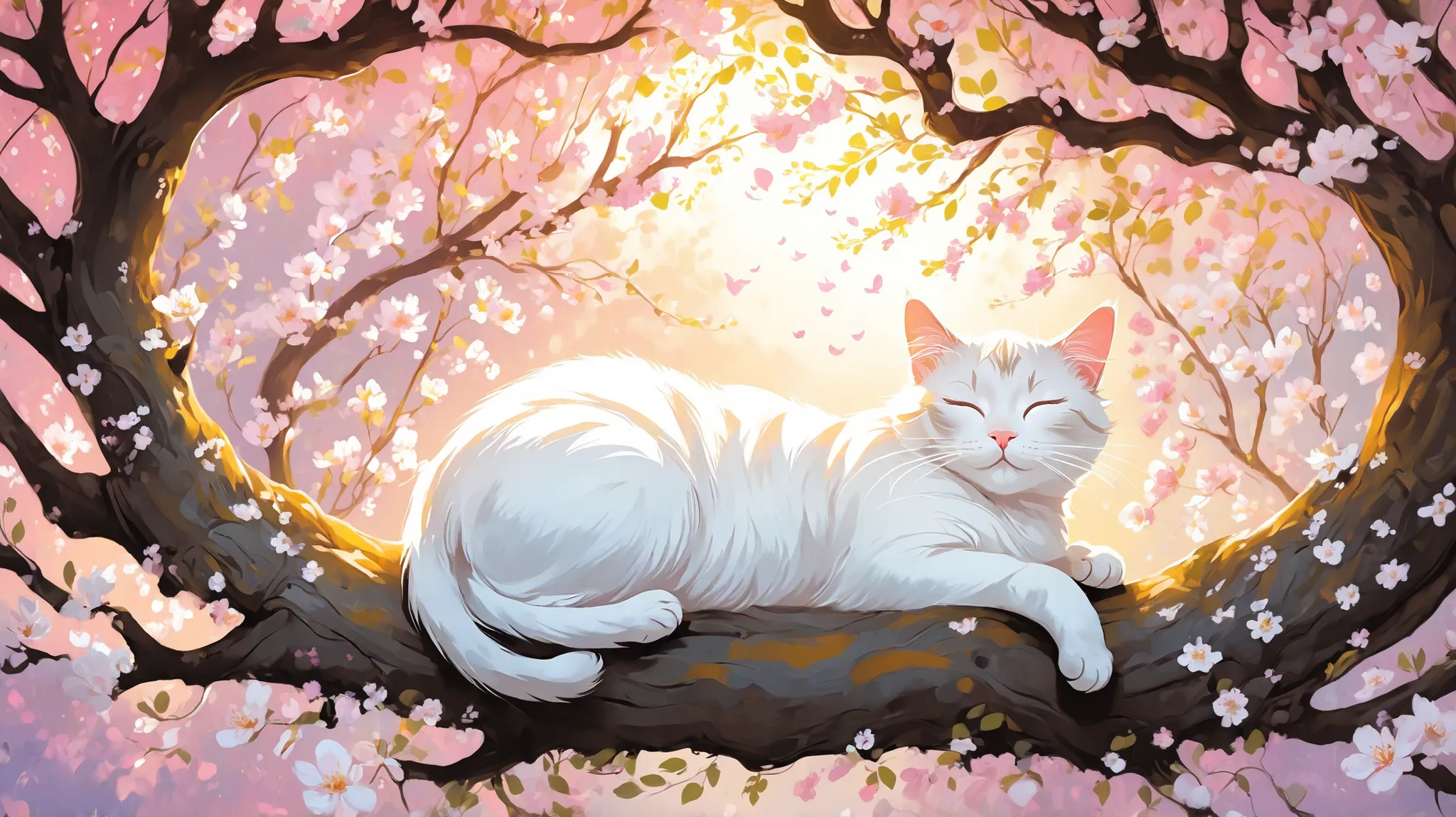 whimsical art style, dreamlike digital illustration, light fantasy, There is a illuminated white cat that is sleeping in a tree, in a tree, spring, beautiful cat, sleeping cat, peaceful expression, sitting in a tree, peaceful and serene, cats and plants, ...