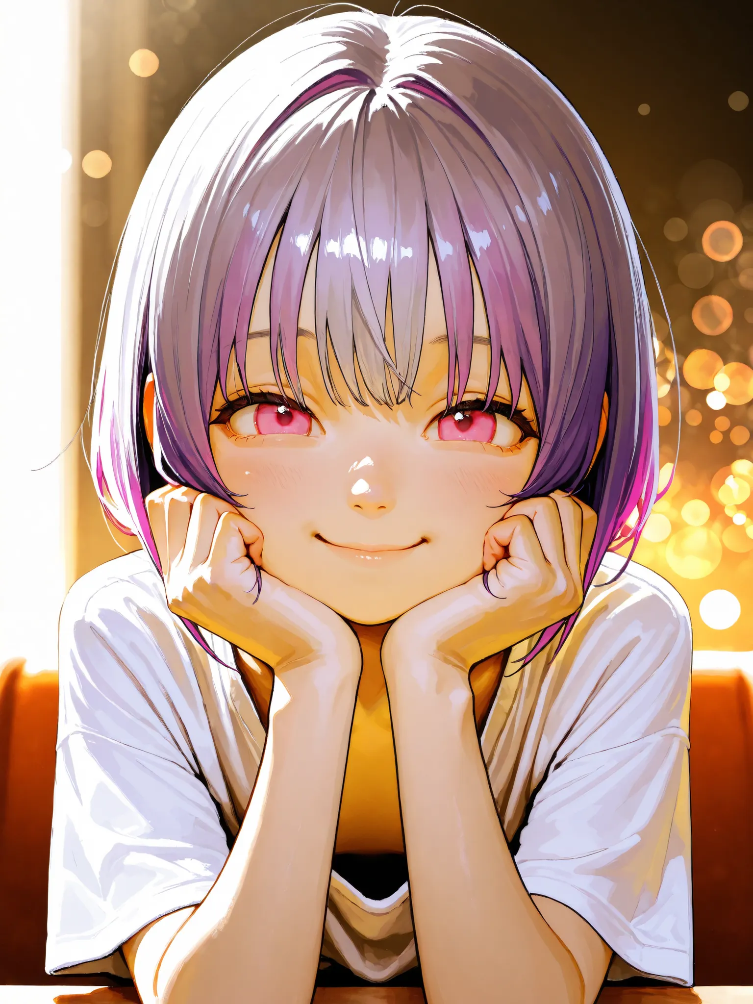 short girl, 1 girl,is young, flat chested,realisticな外観, big pink eyes, short bob、Gradation color purple hair and gray hair、plain shirt、 has loose chest、sit、kind smile、put your hands on your cheeks、細部にこだわったrealisticな影、movie stills, real、Highest Quality, re...