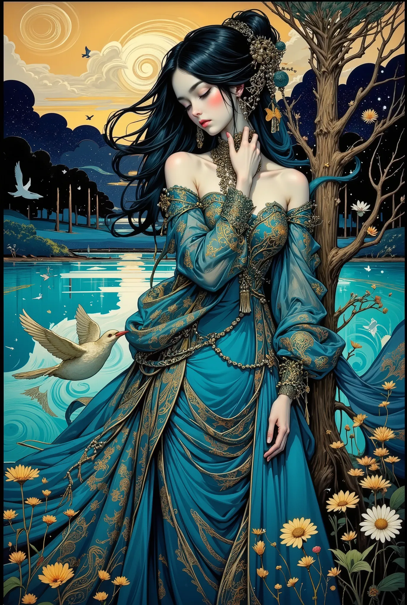 A beautiful girl hugs a large beautiful bird, long shiny black hair fluttering in the wind, a long regal blue dress with long transparent sleeves, rich intricate decor, precious hair jewelry, embroidery with gold and precious stones, cords, ribbons, pearls...