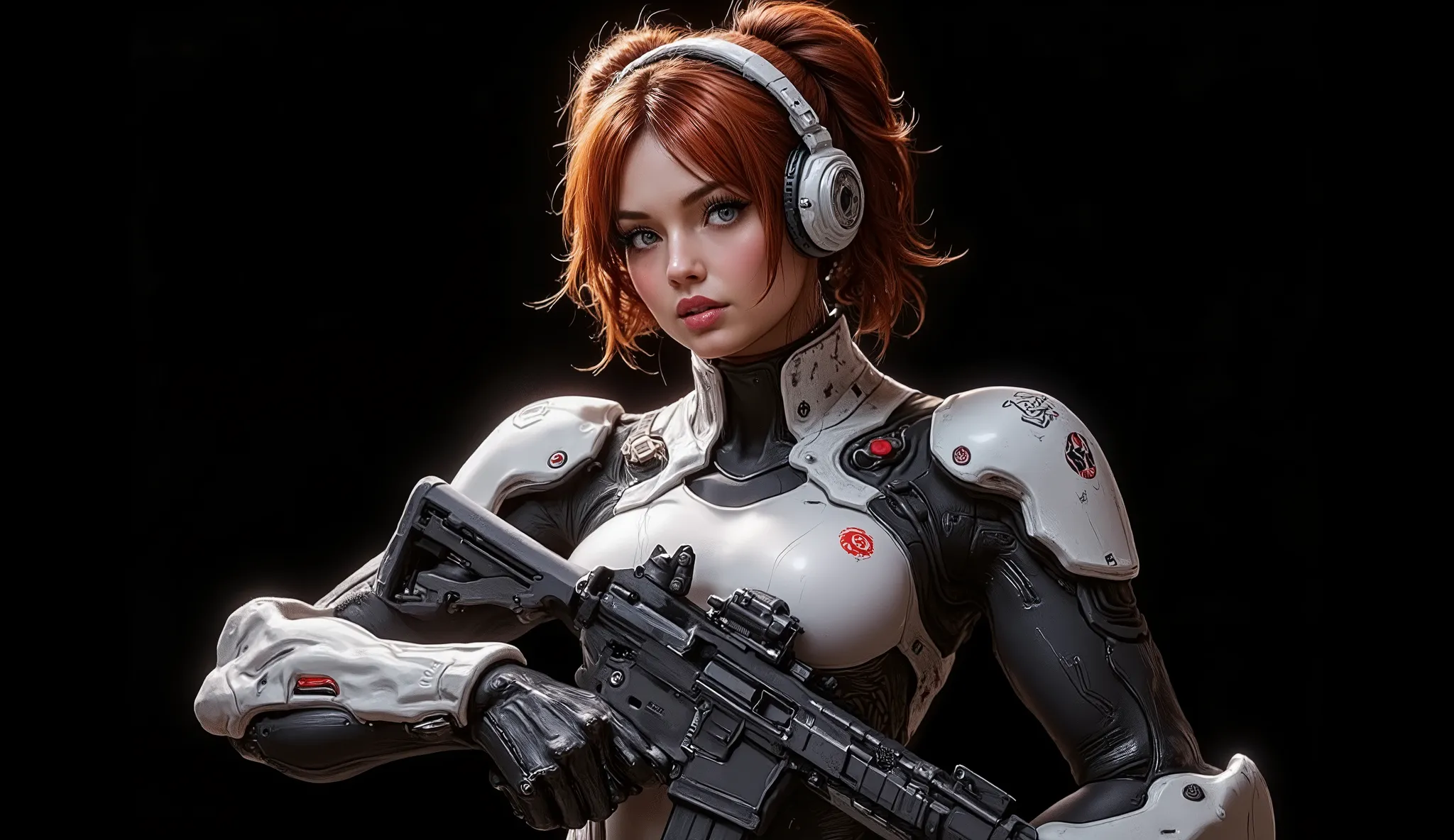 Side shot of the bust from head to chest of a 20 year old woman, high quality, 4k, she is a futuristic space marine, cinematic fiction, Close-up of the face framed, side frontal, very pretty, freckled, orange-redhead with very long hair and two buns one on...