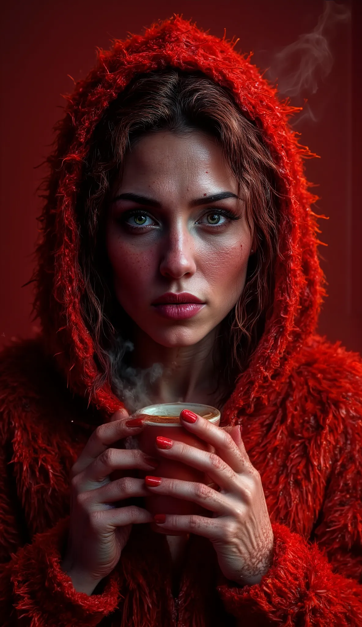 Really epic realism portrait and very low coloured photography, 35 years old pretty sexy sweaty happily sad woman holding cup of coffee red color and white dots with more rising smoke, she wants to smell the cup, cup near the mount, shadows on face, light ...