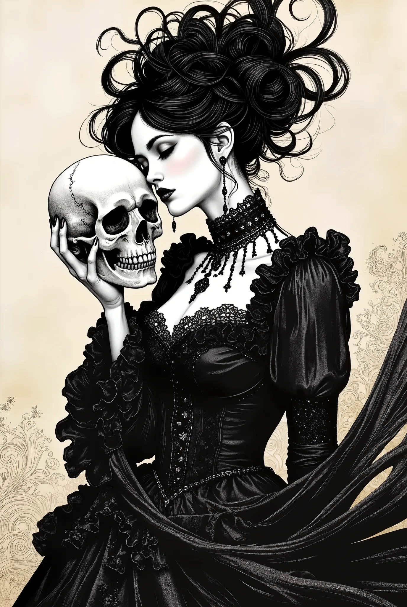 a gothic, dark romantic female character, victorian gothic dress with frills, ruffled sleeves, lace collar, holding a human skull, melancholic expression, elegant pose, high contrast black and white ink illustration, vintage etching texture, chiaroscuro li...