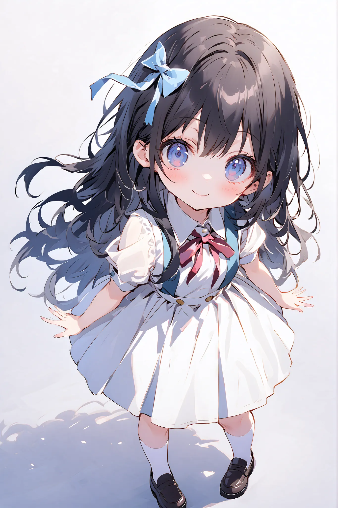 one girl、schools、uniform、black hair、long hair、ribbon on head、(elementary school student)、ren、smile、full body image、face up with ties