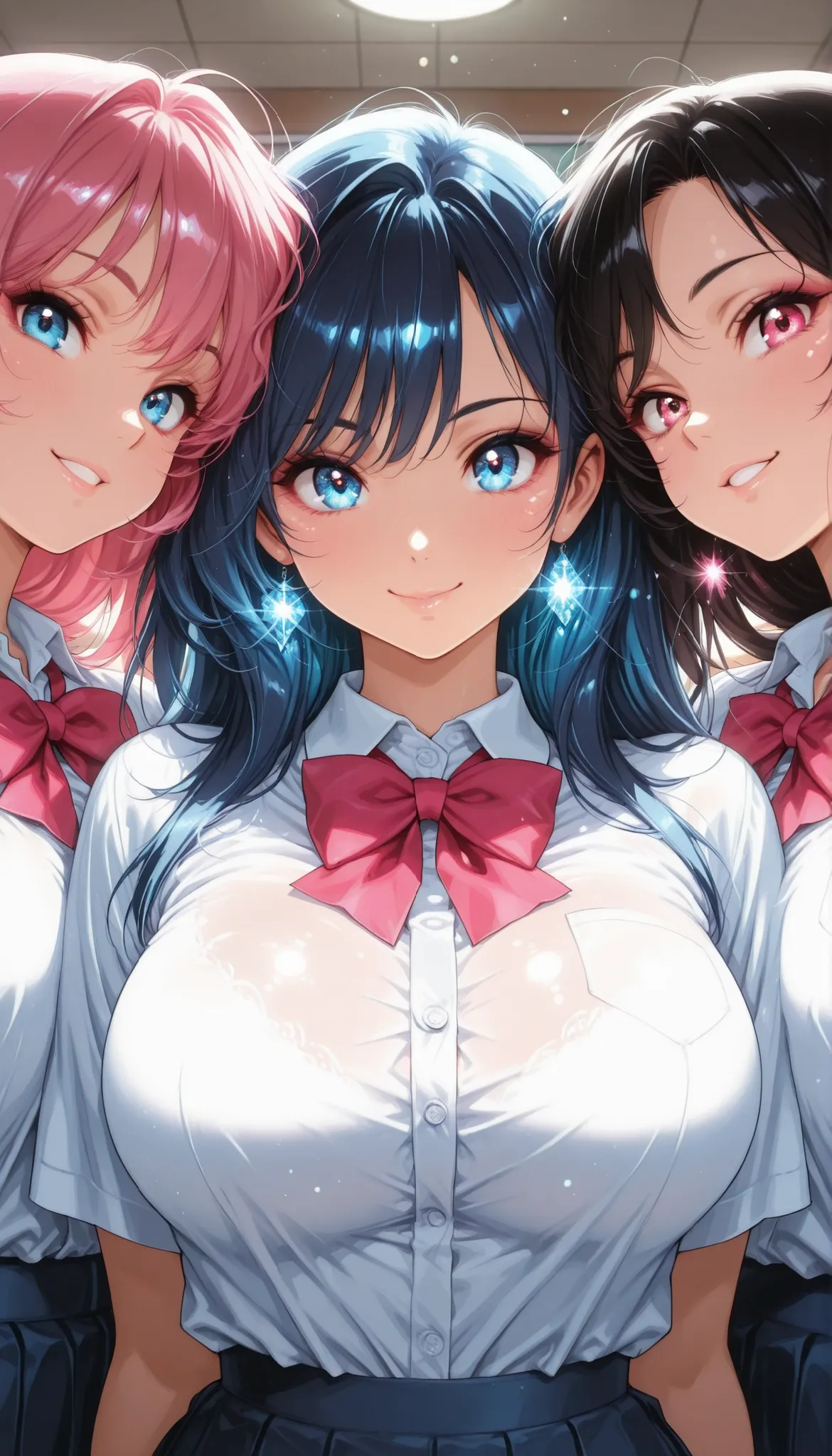 beautiful digital illustration, Detailed, ((3 women in girls' high school uniforms:1.2)), Beautiful Woman's Face, beautiful eyes on my stomach, long lashes, Facial details:1.2, colorfulな髪の色, (Blue Hair, pink hair, black hair), Big Breasts, Extremely Detail...