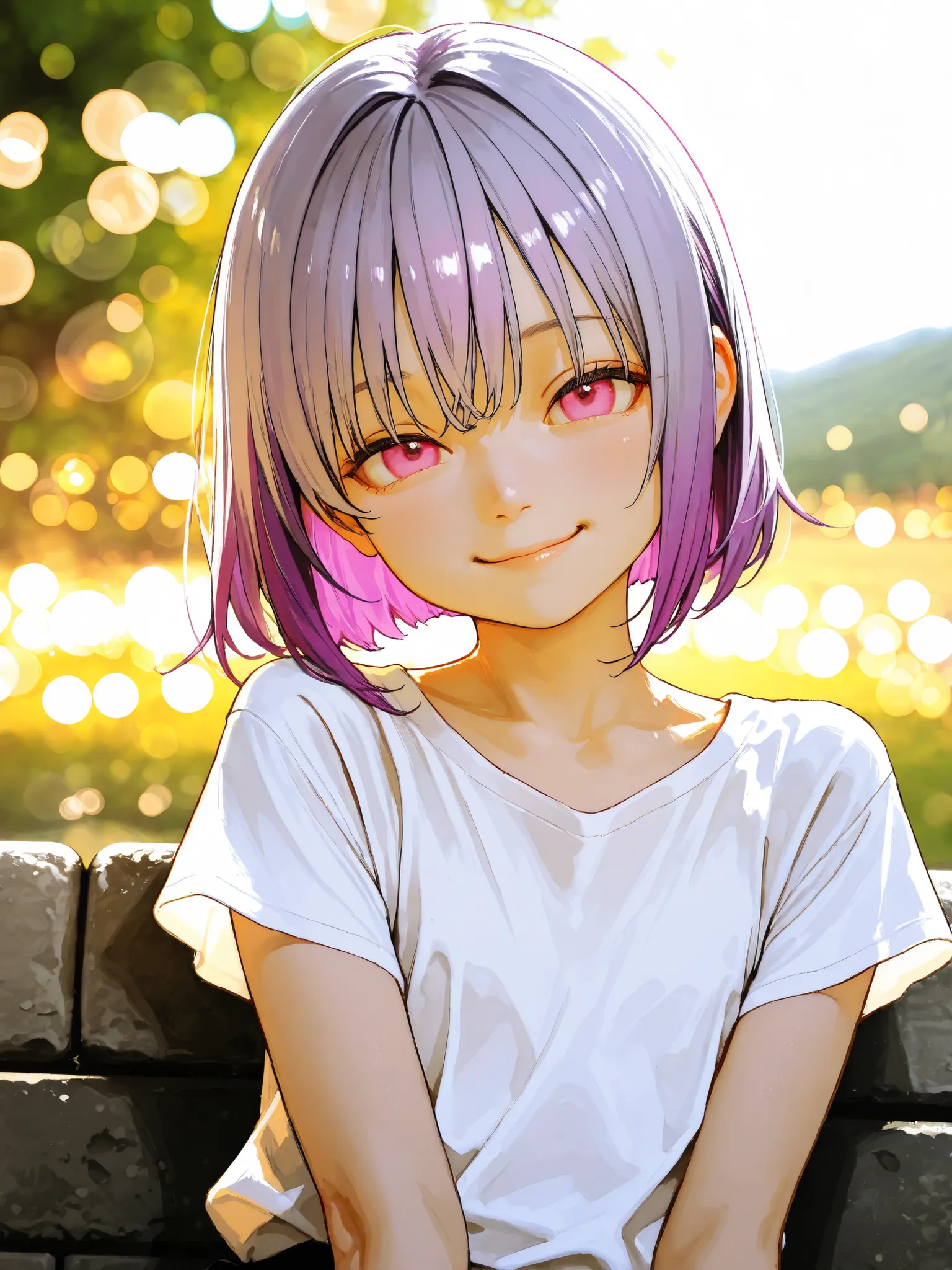 short girl, 1 girl,is young, flat chested,realisticな外観, big pink eyes, short bob、Gradation color purple hair and gray hair、plain shirt、I can see my chest、sit、kind smile、Outdoors、細部にこだわったrealisticな影、movie stills, real、Highest Quality, realistic, 4K Renderi...